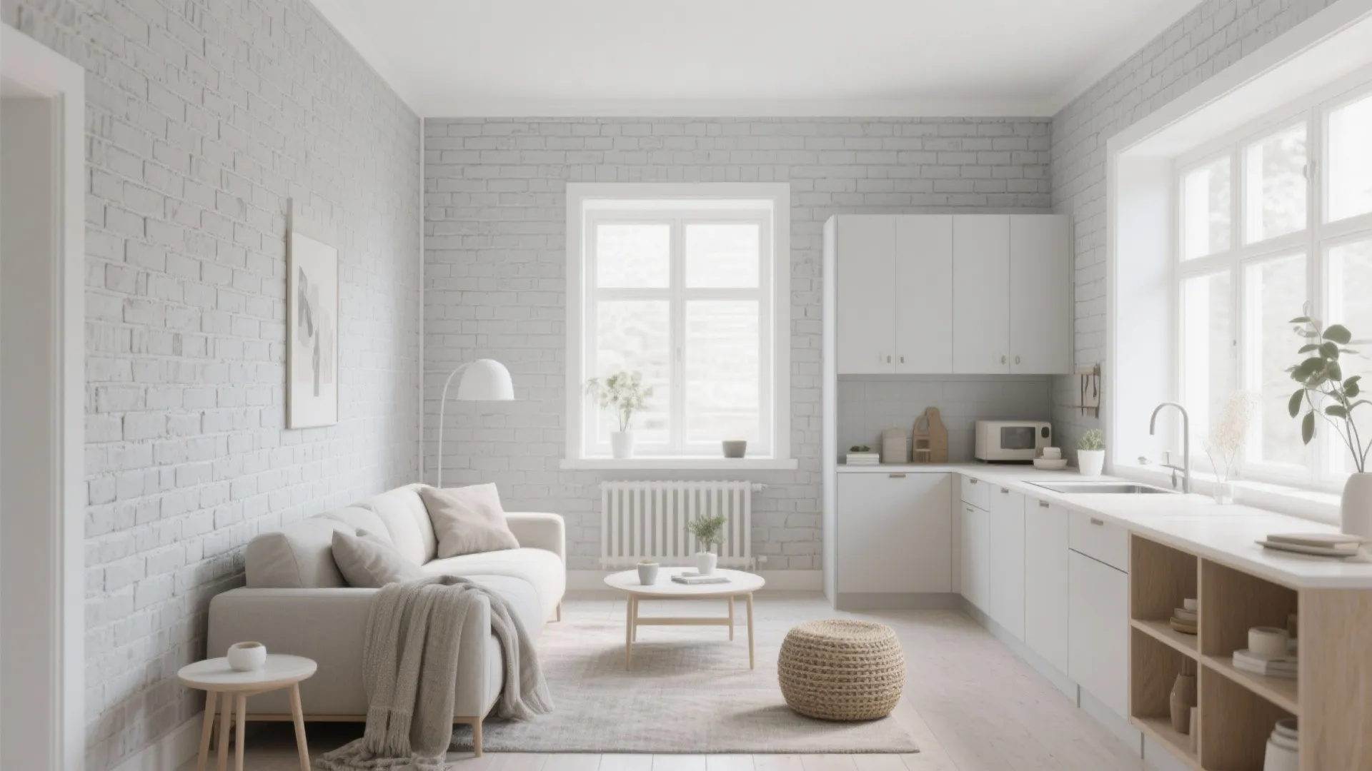 Bright minimalist studio apartment with white brick walls, small sofa, and white kitchen cabinet layout