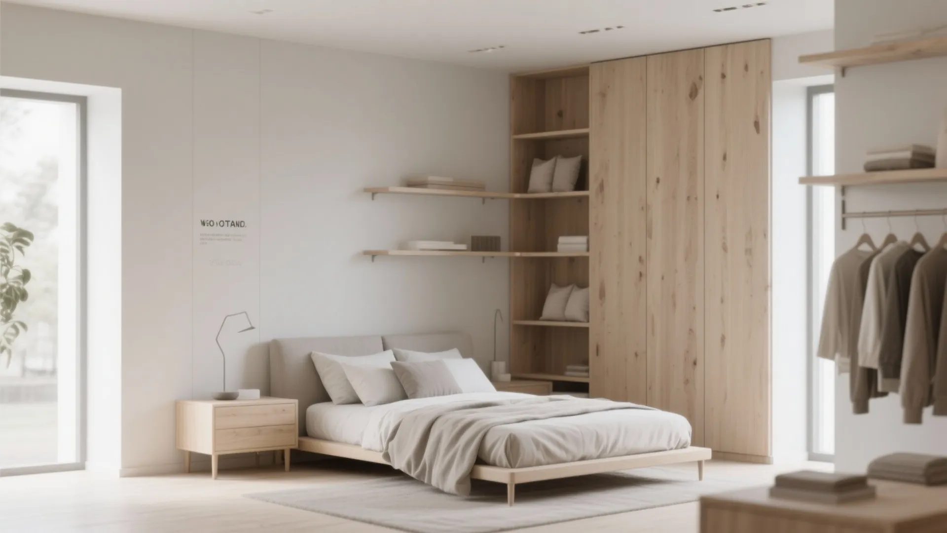 Minimal Scandinavian-style bedroom corner with modular shelving, neutral bedding, and light wood finishes.
