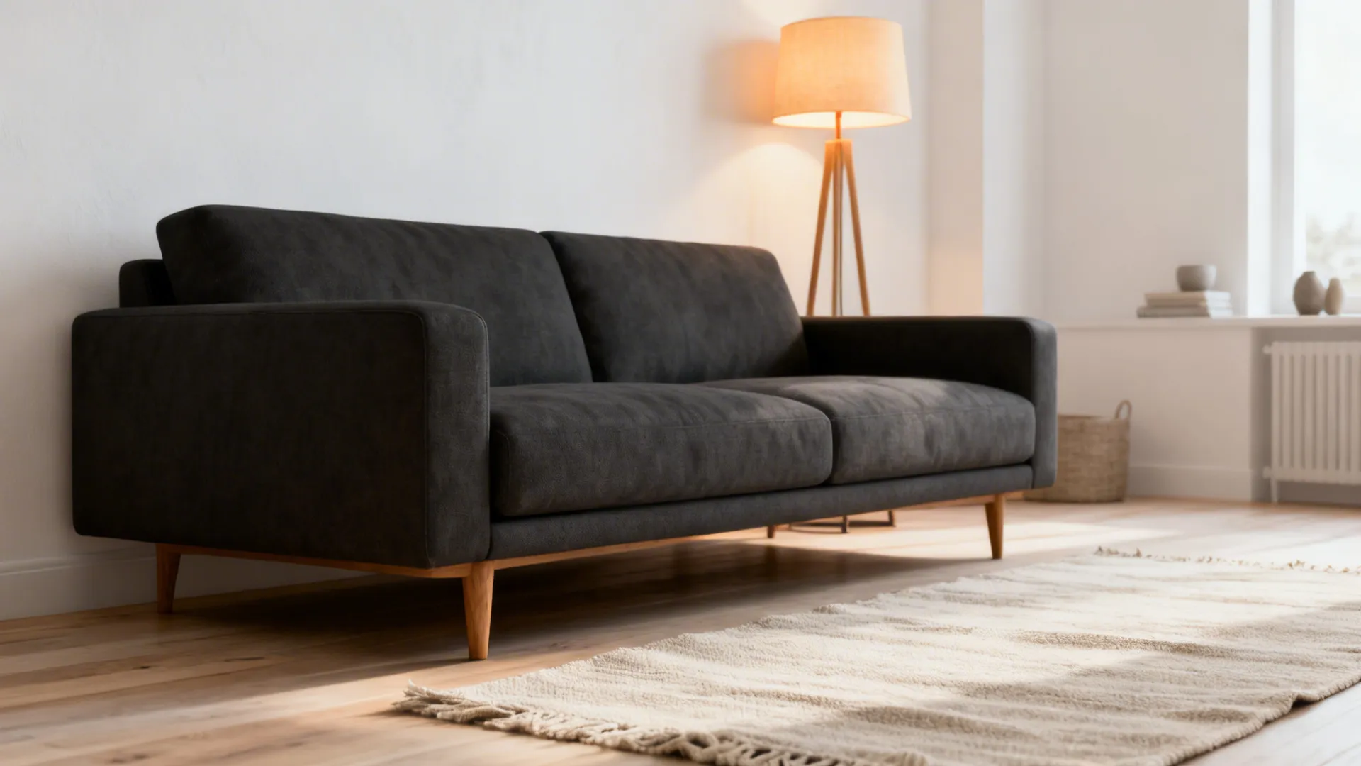 Charcoal sofa with pale wood floors, linen rug and warm floor lamp in a Scandinavian living room.