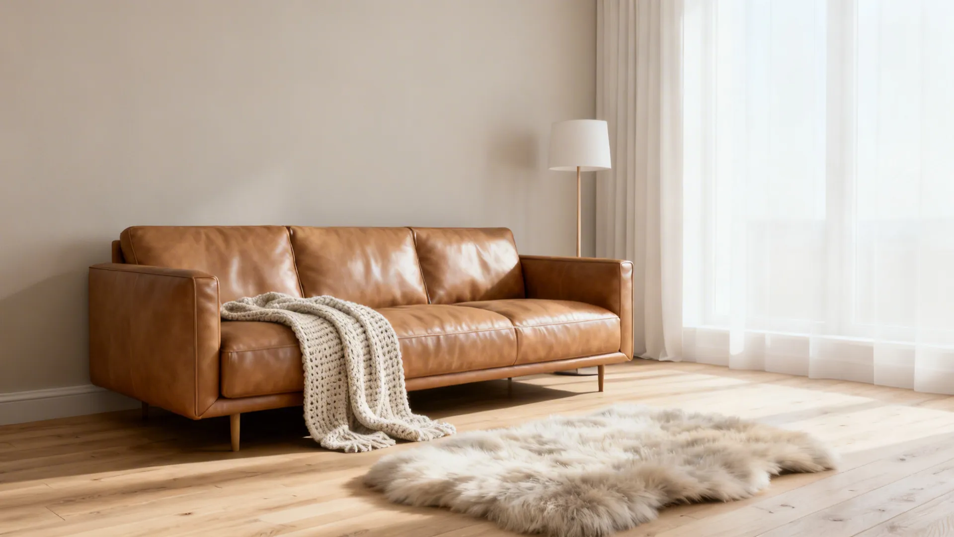 Scandinavian bright living room with a tan leather sofa, light wood floors and pale neutral decor.
