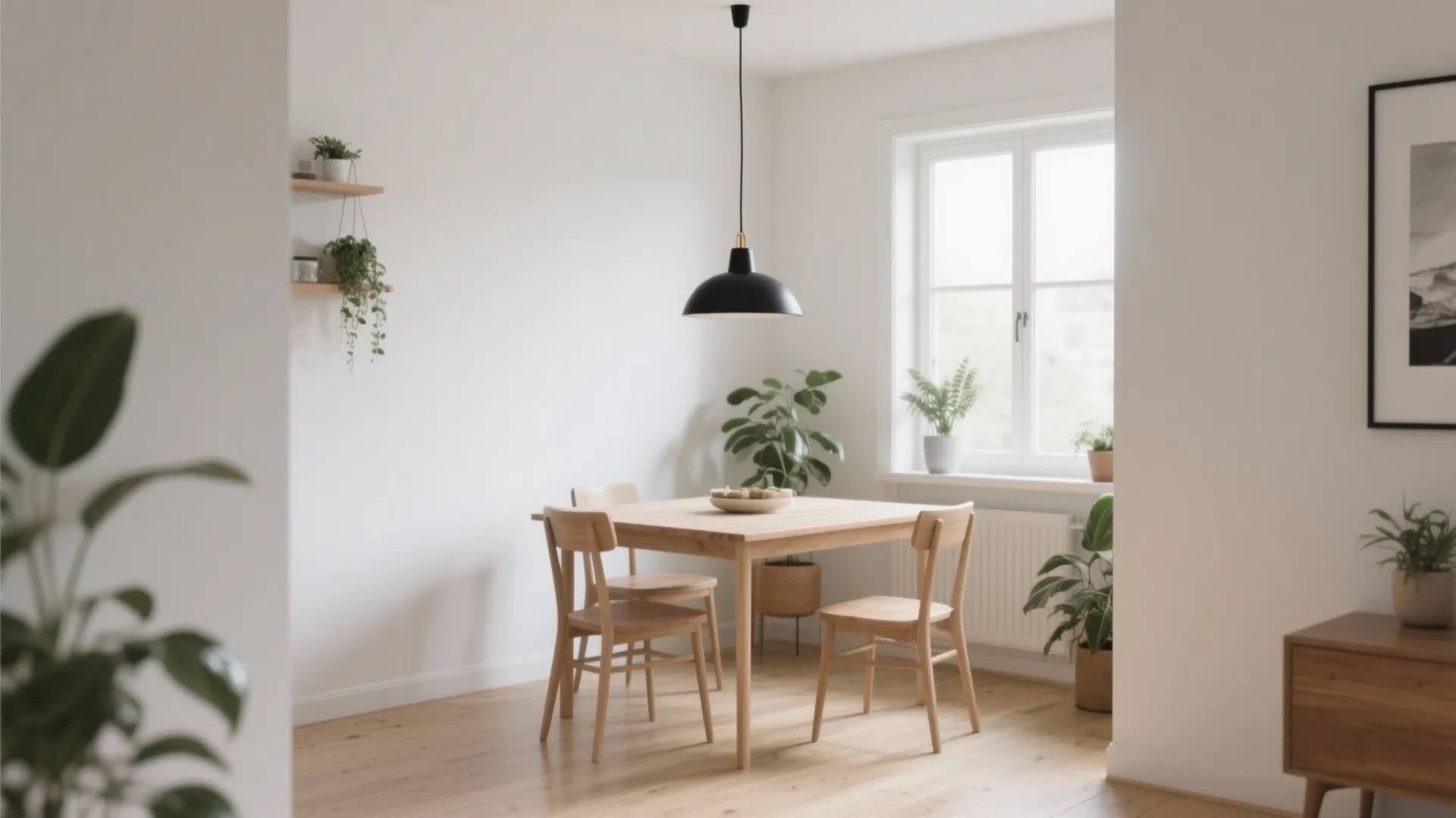 2. Scandi Contrast: Black Fixture over Light Wood Table