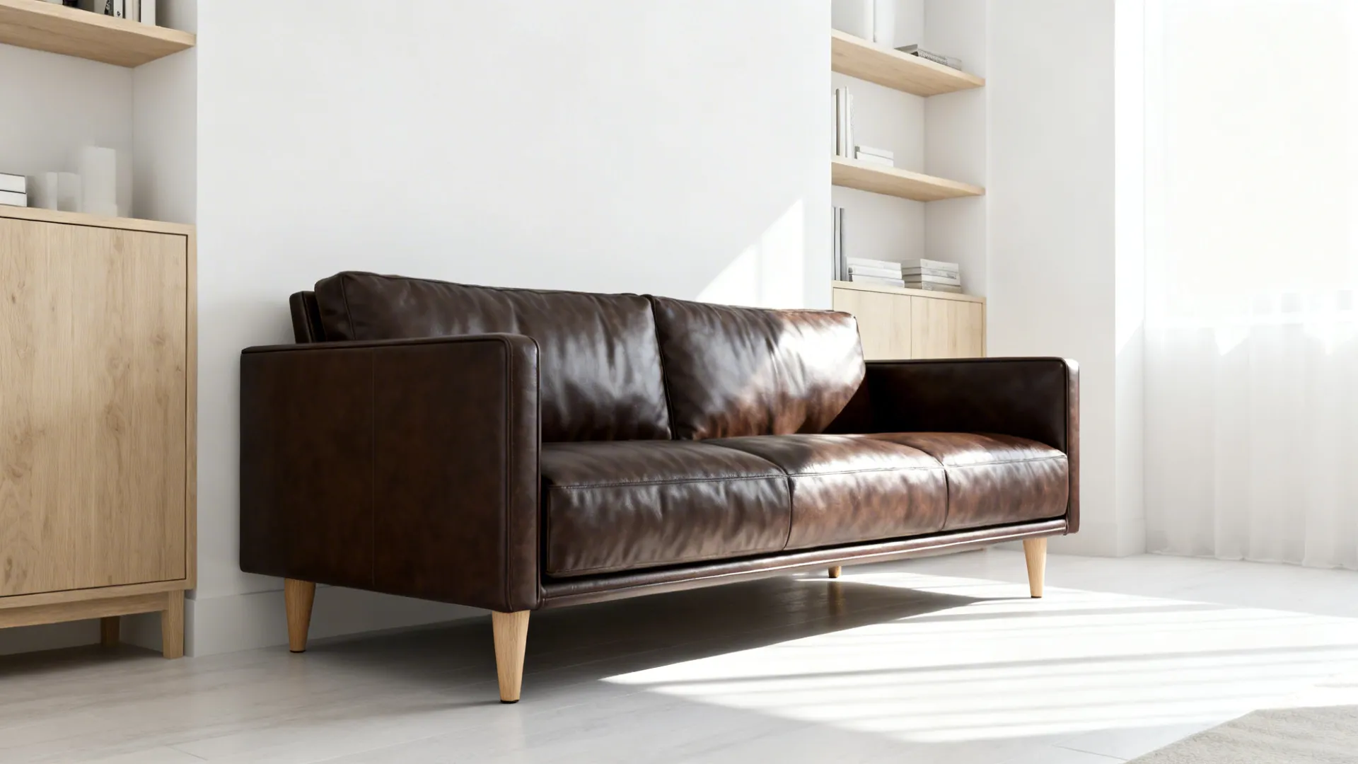 Scandinavian living room with white walls, pale oak, and a slim dark brown leather sofa