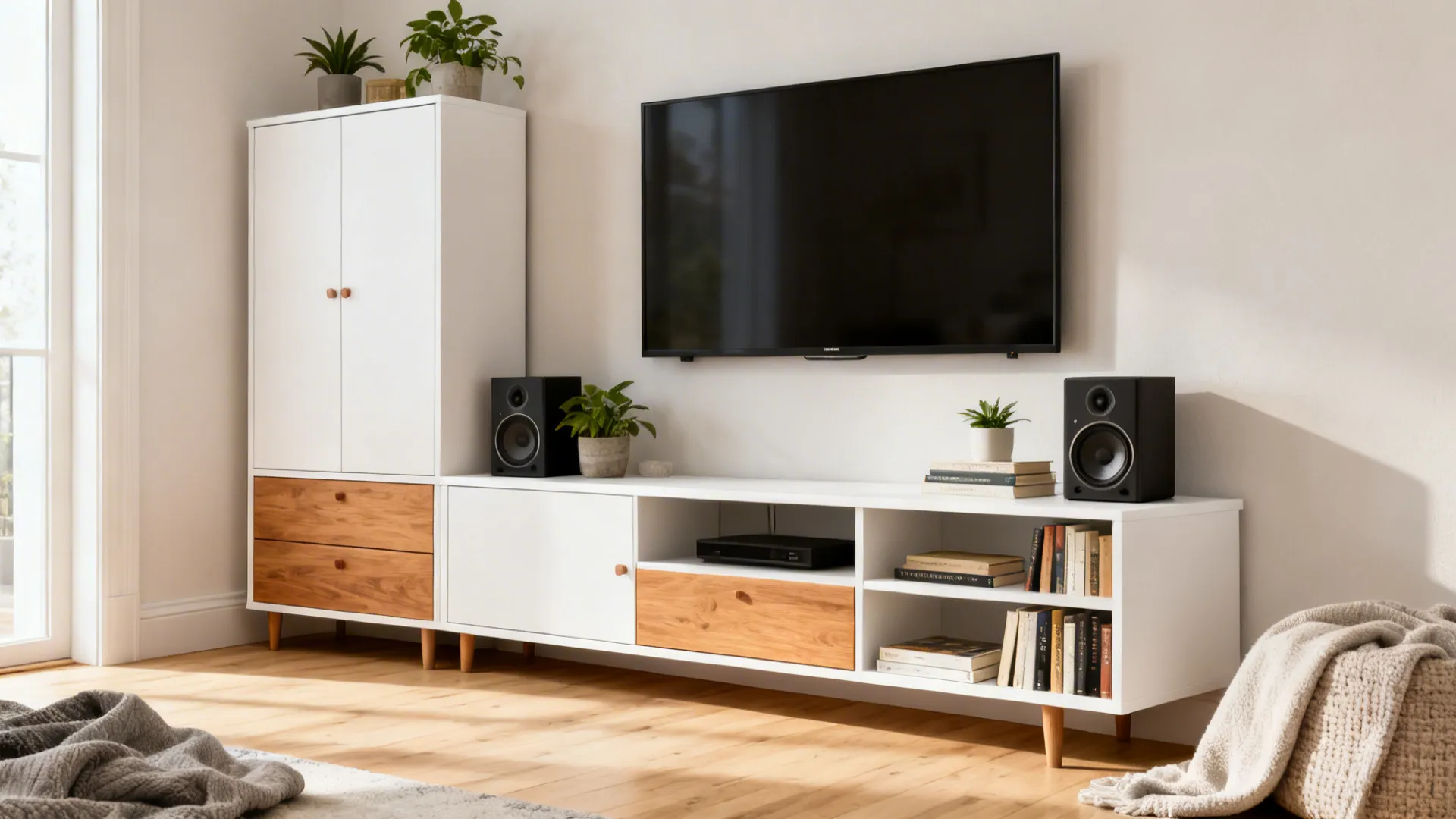 Asymmetrical Scandinavian corner media unit in white and warm oak under a TV