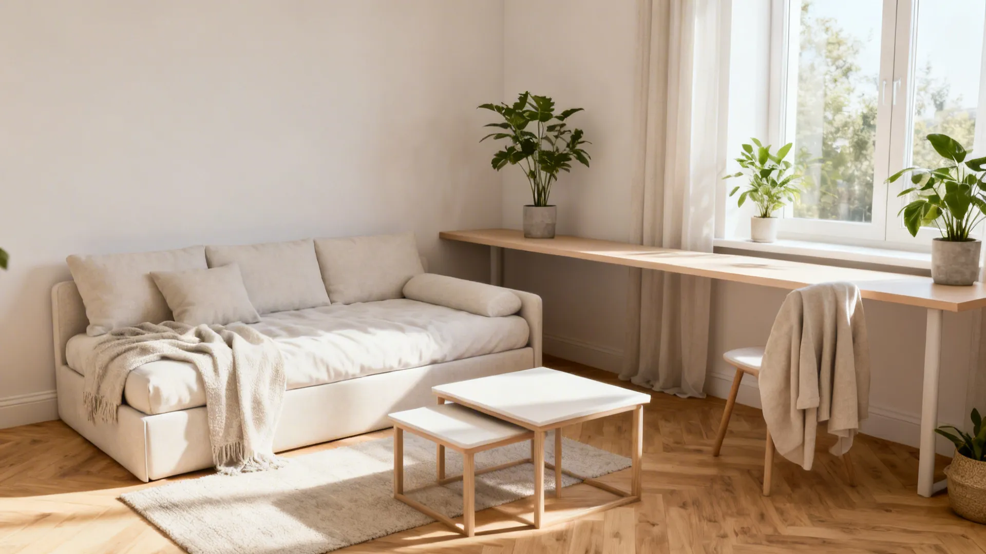 Bright living room with cream sofa wooden desk plants and large window with natural sunlight