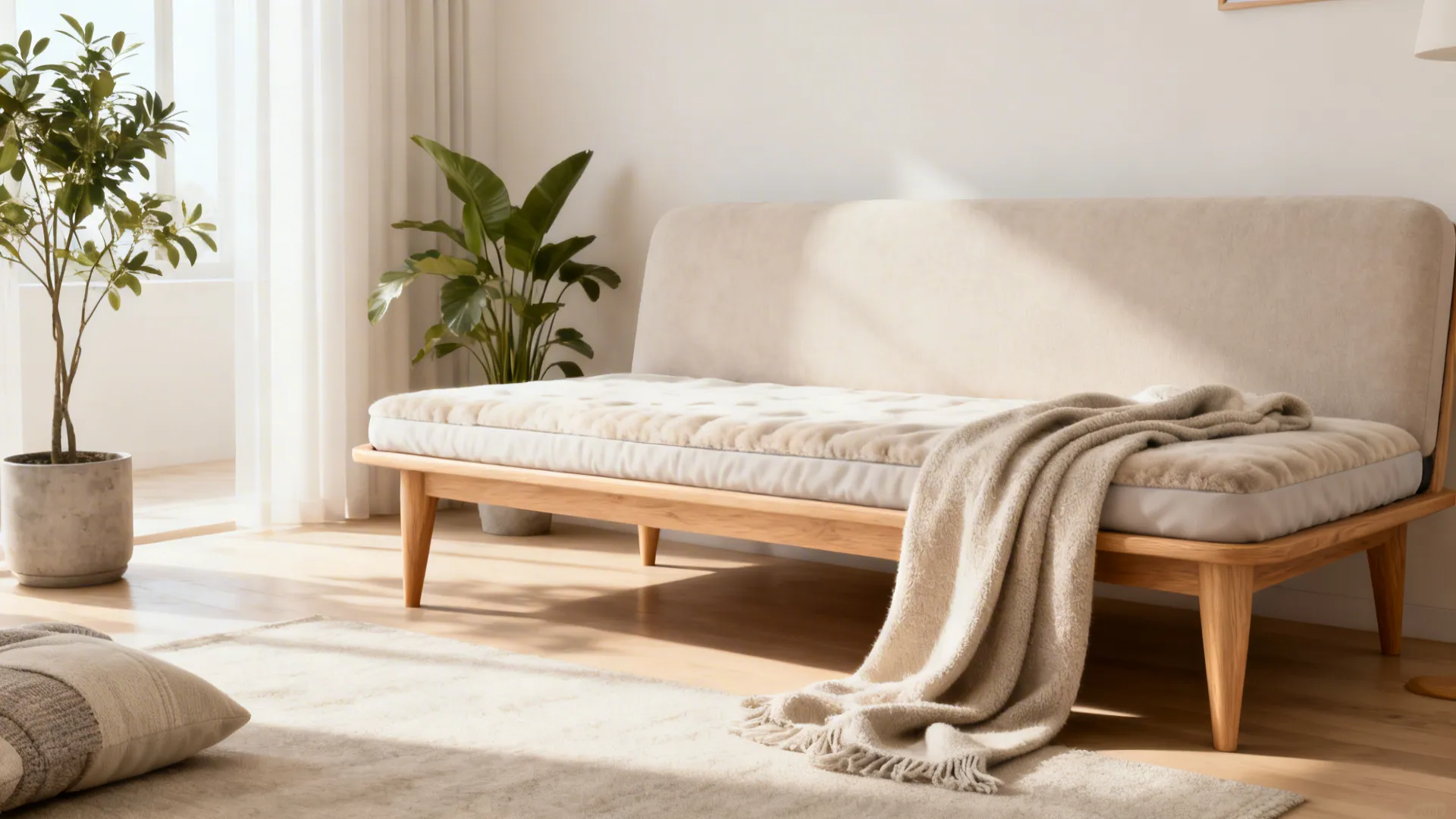 Scandinavian-style living room with a slim sleeper sofa, light wood furniture, and cozy textiles.