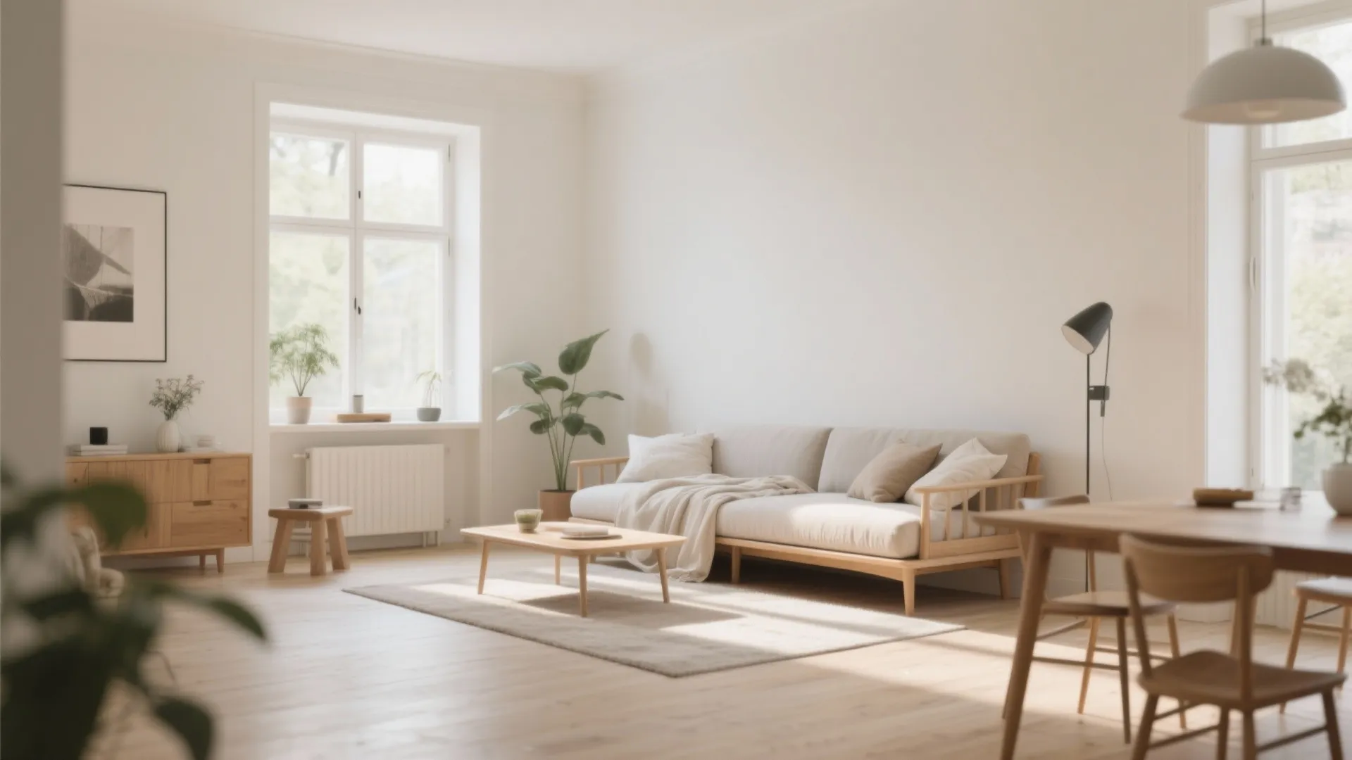 Minimalist living room with wooden sofa, coffee table, green plants, rug, and bright natural light