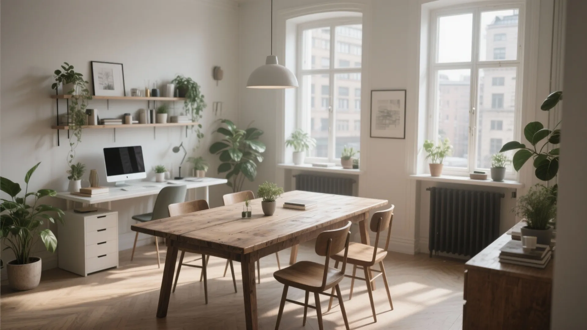 Bright open room with wooden dining table and desk area featuring white walls and plants