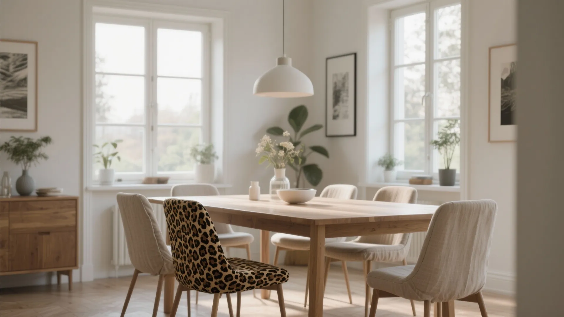 Minimalist dining room with wooden table leopard print chair neutral seating and white hanging light