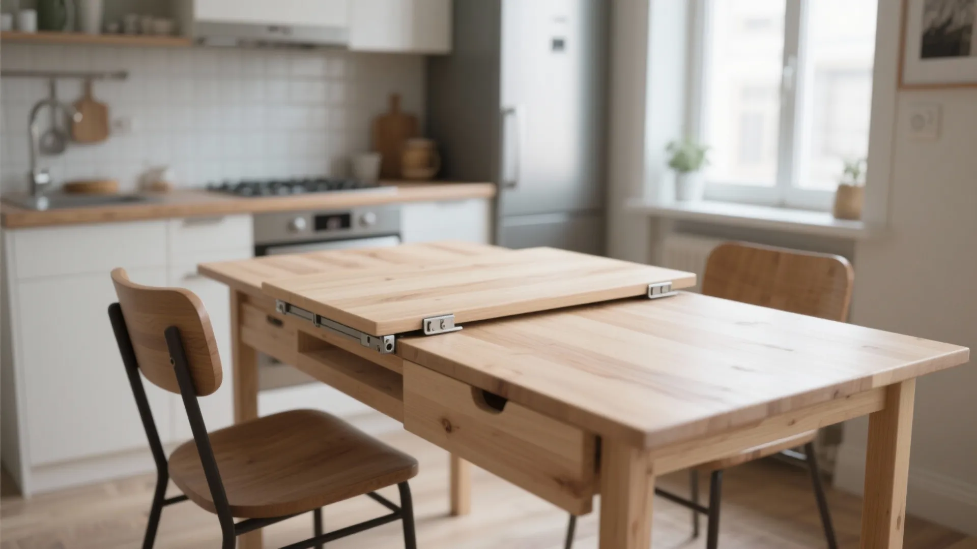 Modern wooden dining table with a folding leaf extension mechanism and two matching chairs nearby