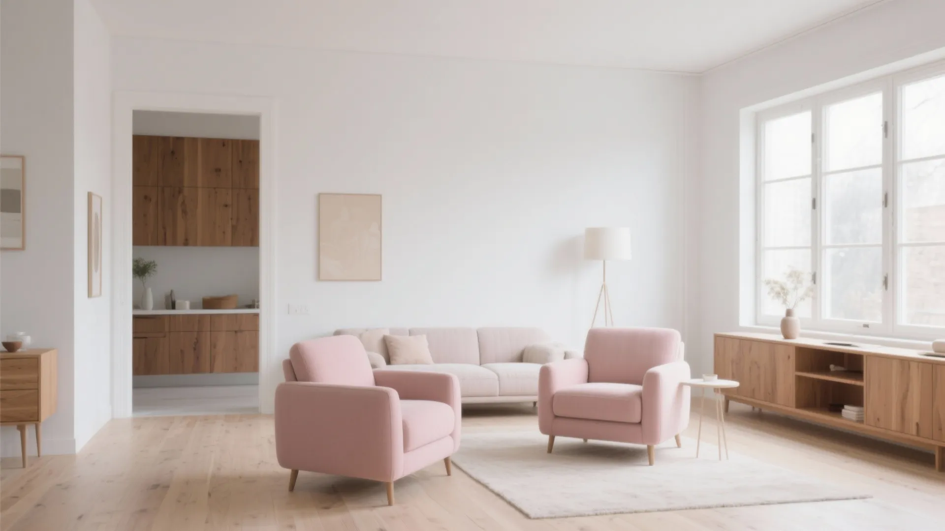 Scandinavian living room with dusty pink armchairs