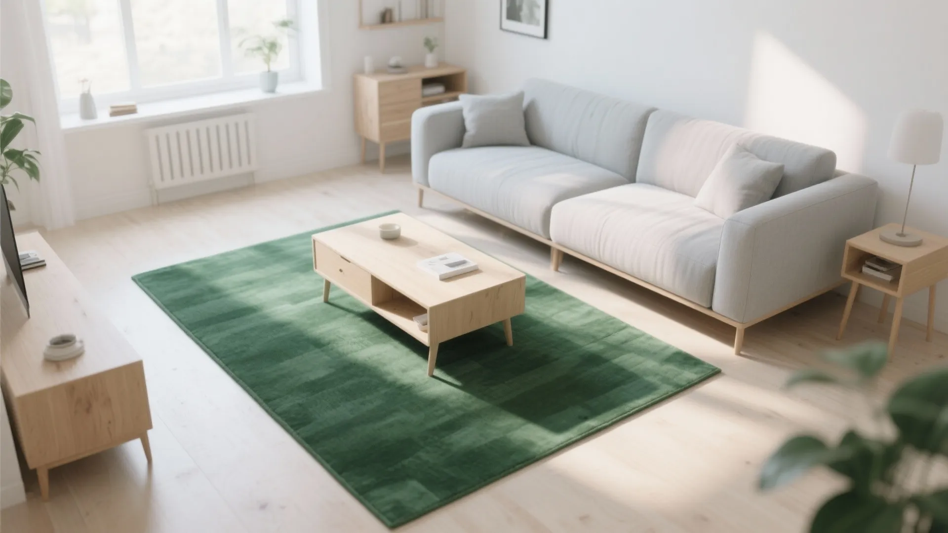 9. Scandinavian Minimalism with Emerald Rug