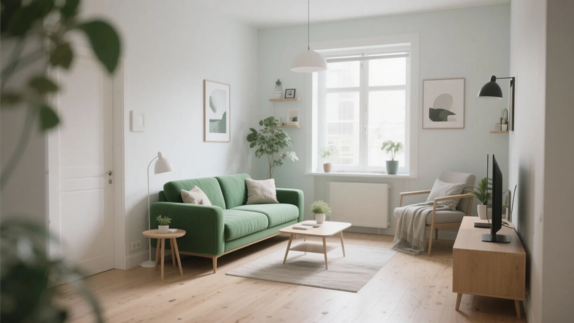 Bright minimalist living room featuring green sofa wooden floor small coffee table and white walls