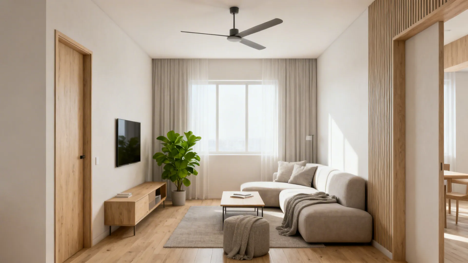 Scandinavian minimalist living room with a slim-bladed ceiling fan