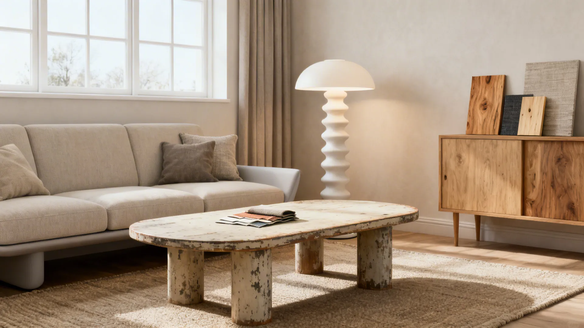 Small Scandinavian living room vignette showing mixed vintage and modern pieces and sustainable materials.