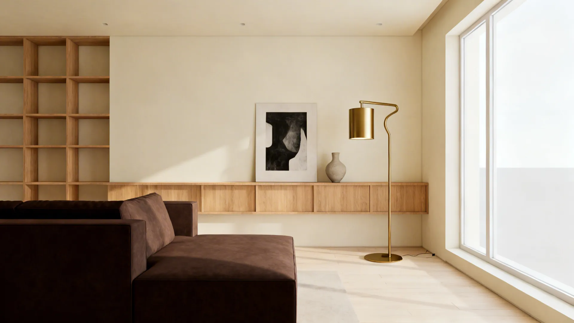 Scandinavian-style living room with a dark brown sofa, pale walls and a sculptural lamp.