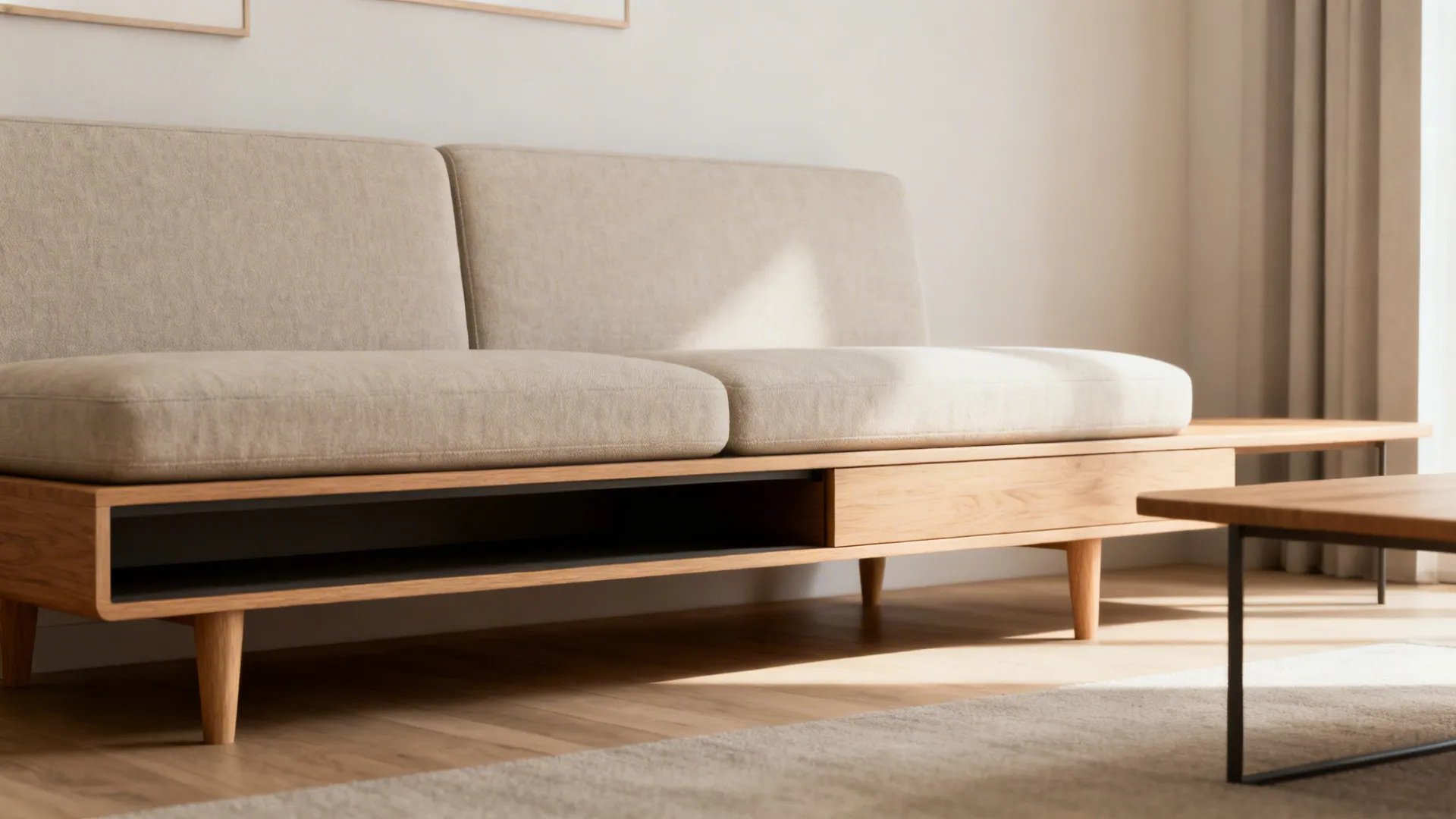 Slim-profile Scandinavian sofa with exposed legs and multifunctional bench in a small living room.