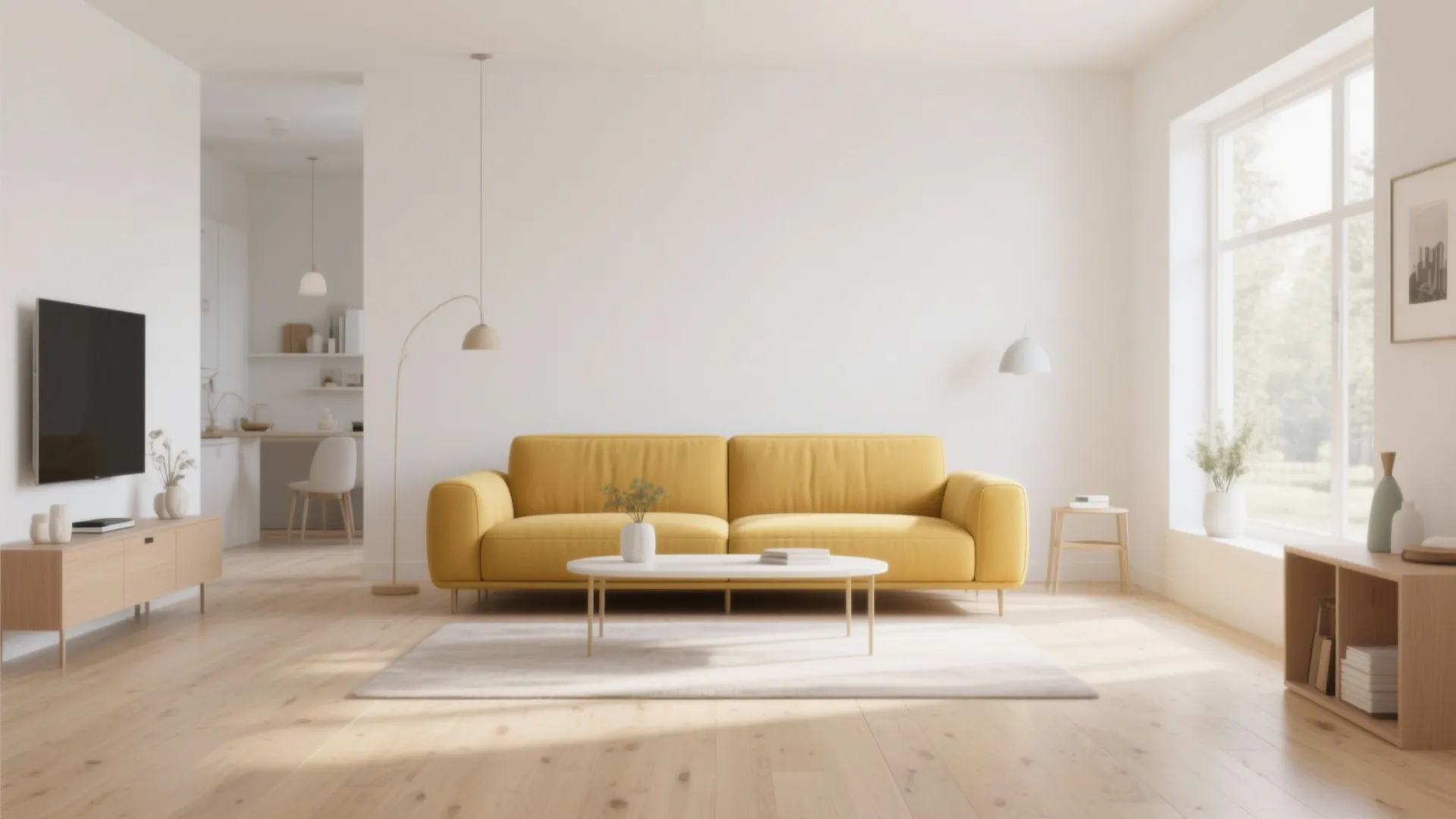 Minimalist living room with yellow sofa, wooden floor, white walls, coffee table, rug, and floor lamp
