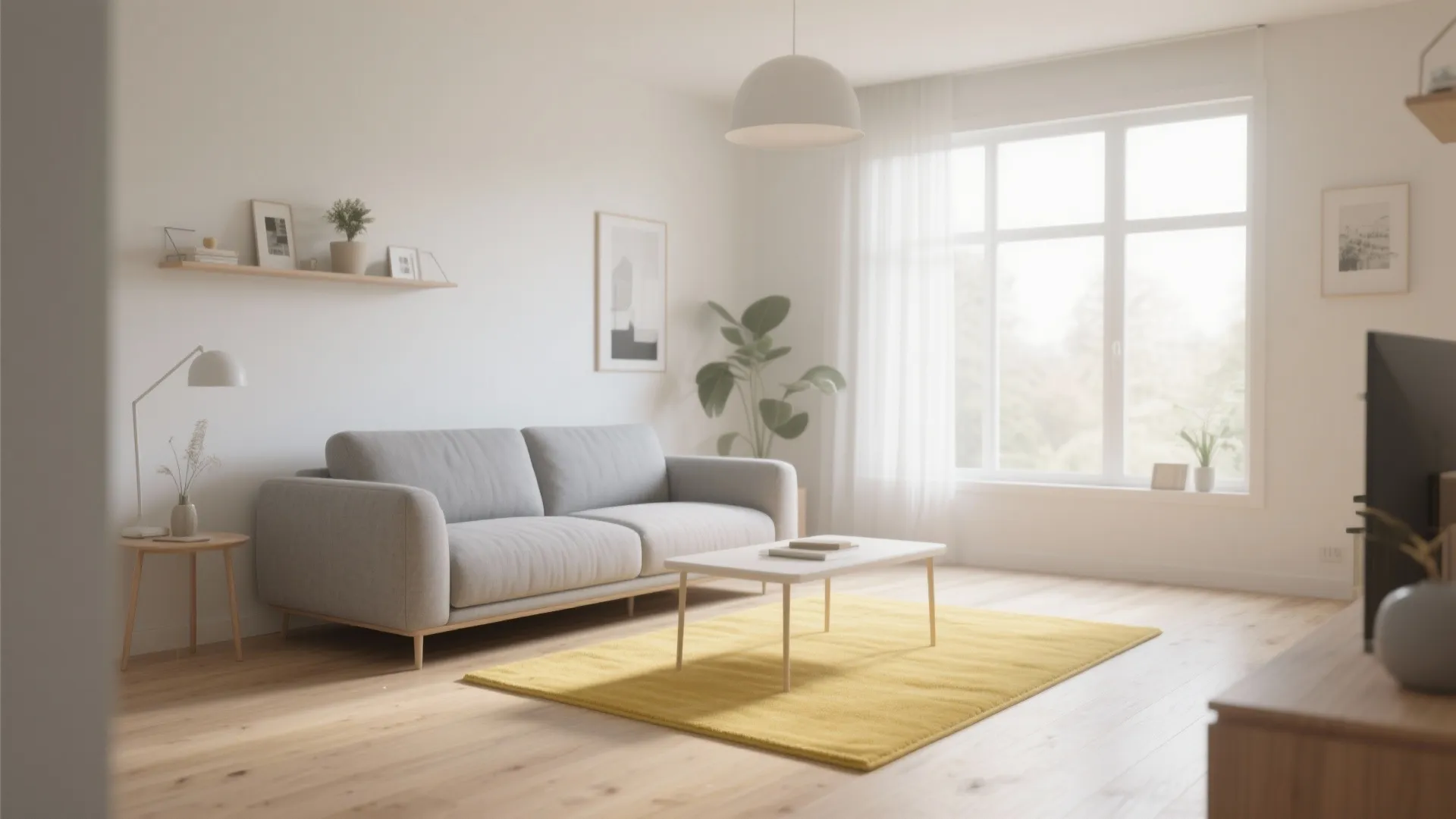 10. Scandinavian-Style Gray Sofa with Yellow Rug