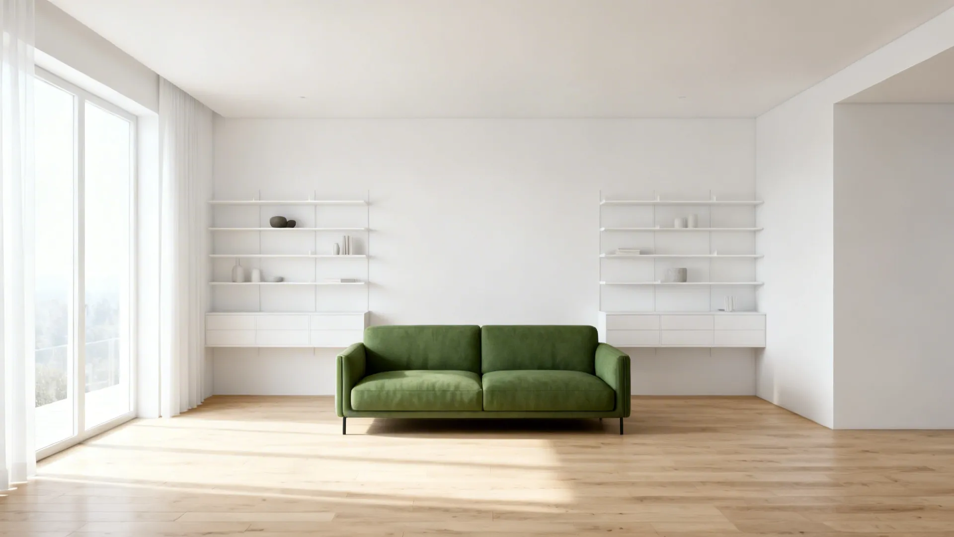 Minimal Scandinavian room with white walls and a single green sofa on light oak floors.