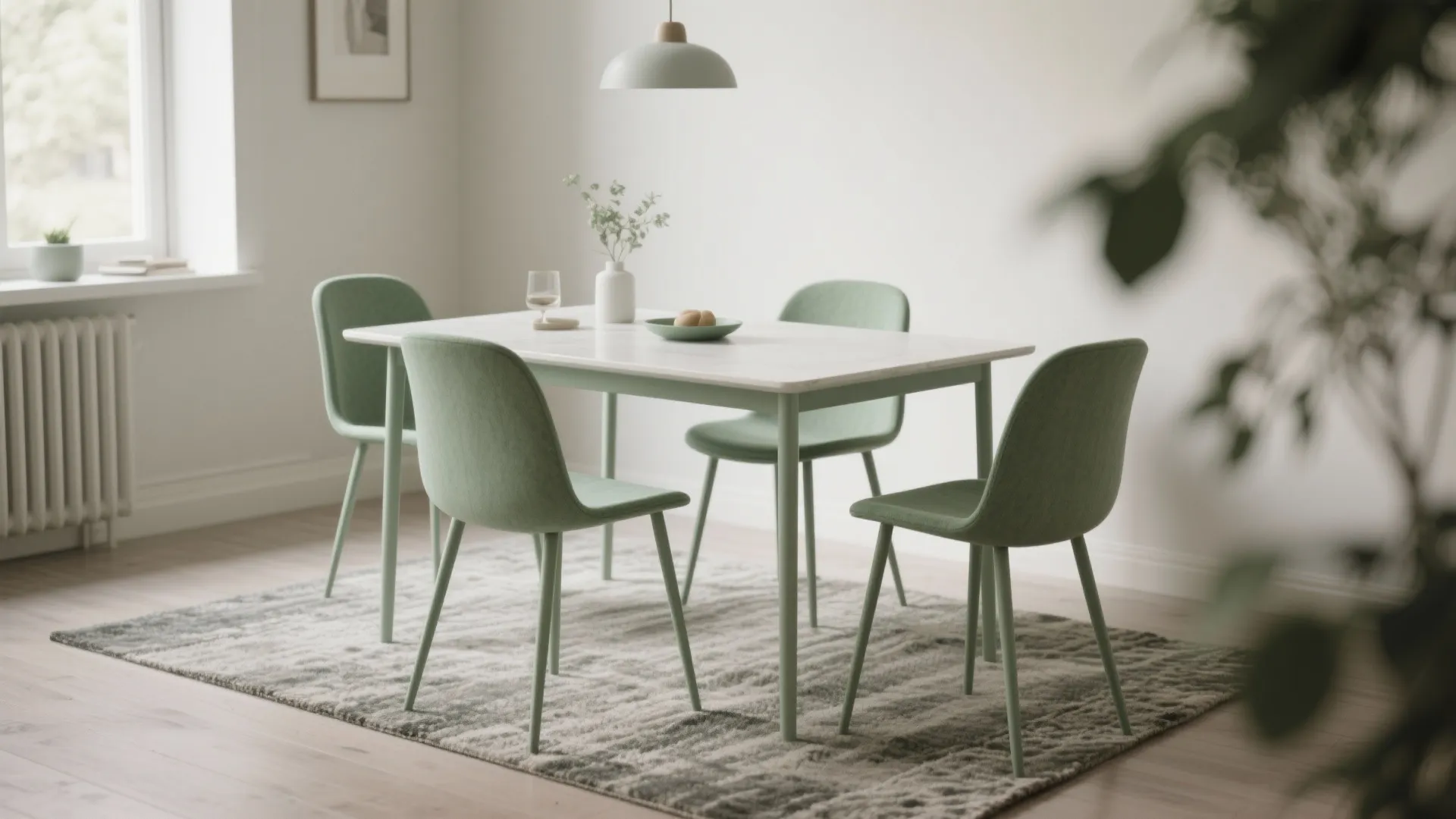 Minimal Scandinavian dining set in muted sage green with slim silhouettes and neutral decor