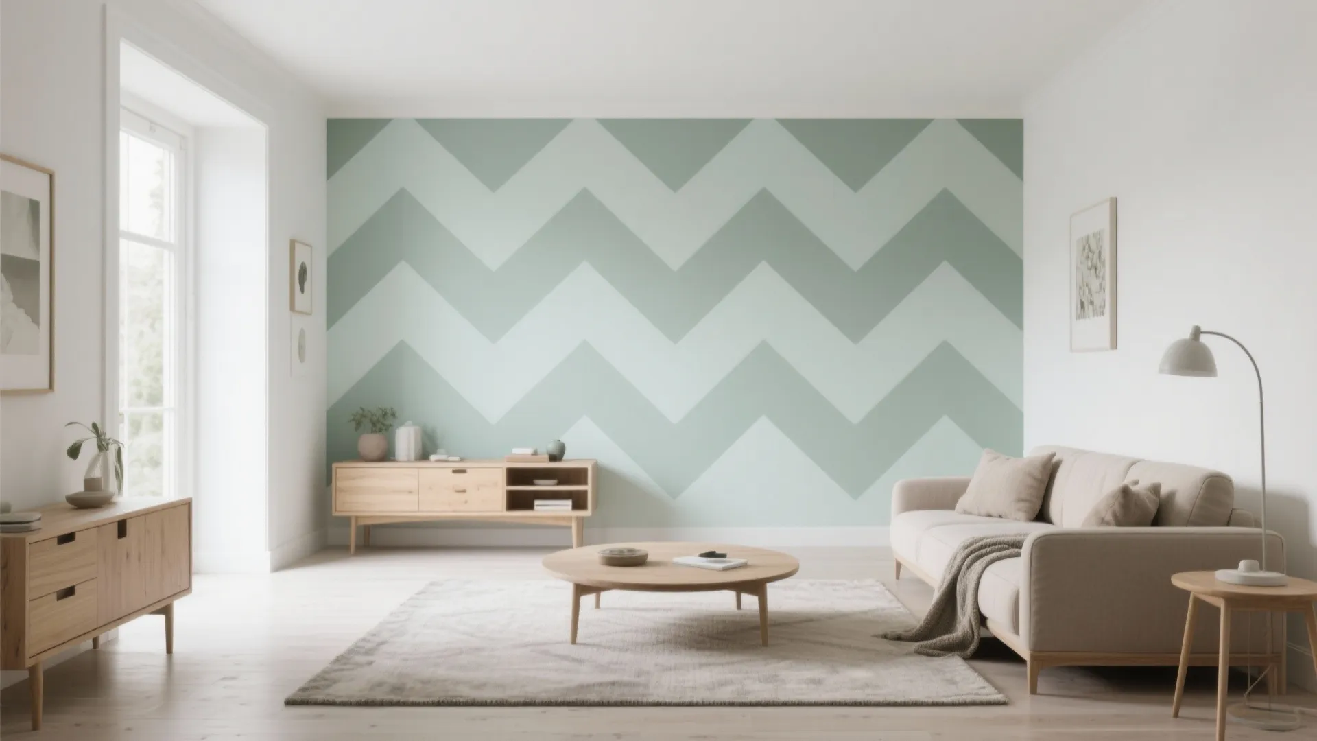 Living room featuring a green chevron pattern wall with sofa wooden cabinet and round table