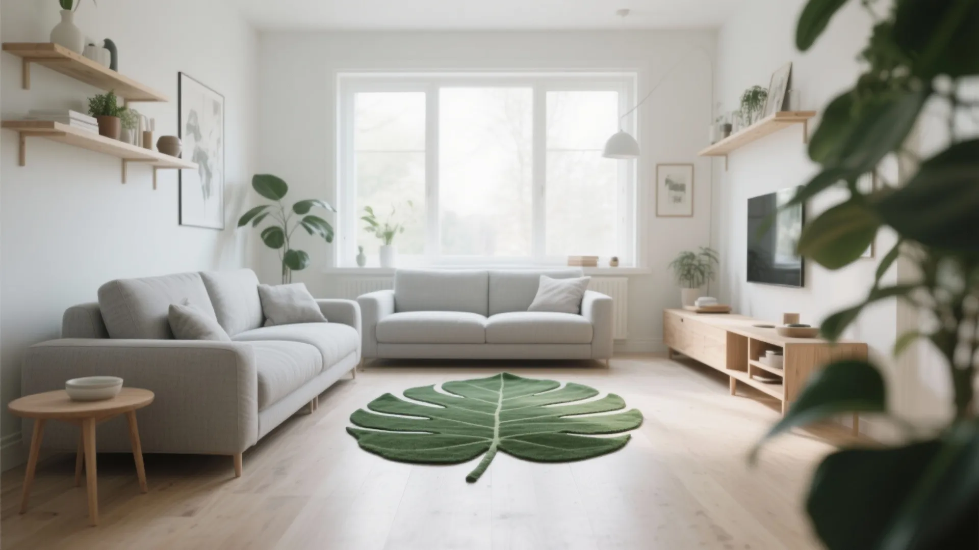 Modern bright living room with grey sofas wood floor leaf shaped rug and wooden storage cabinet