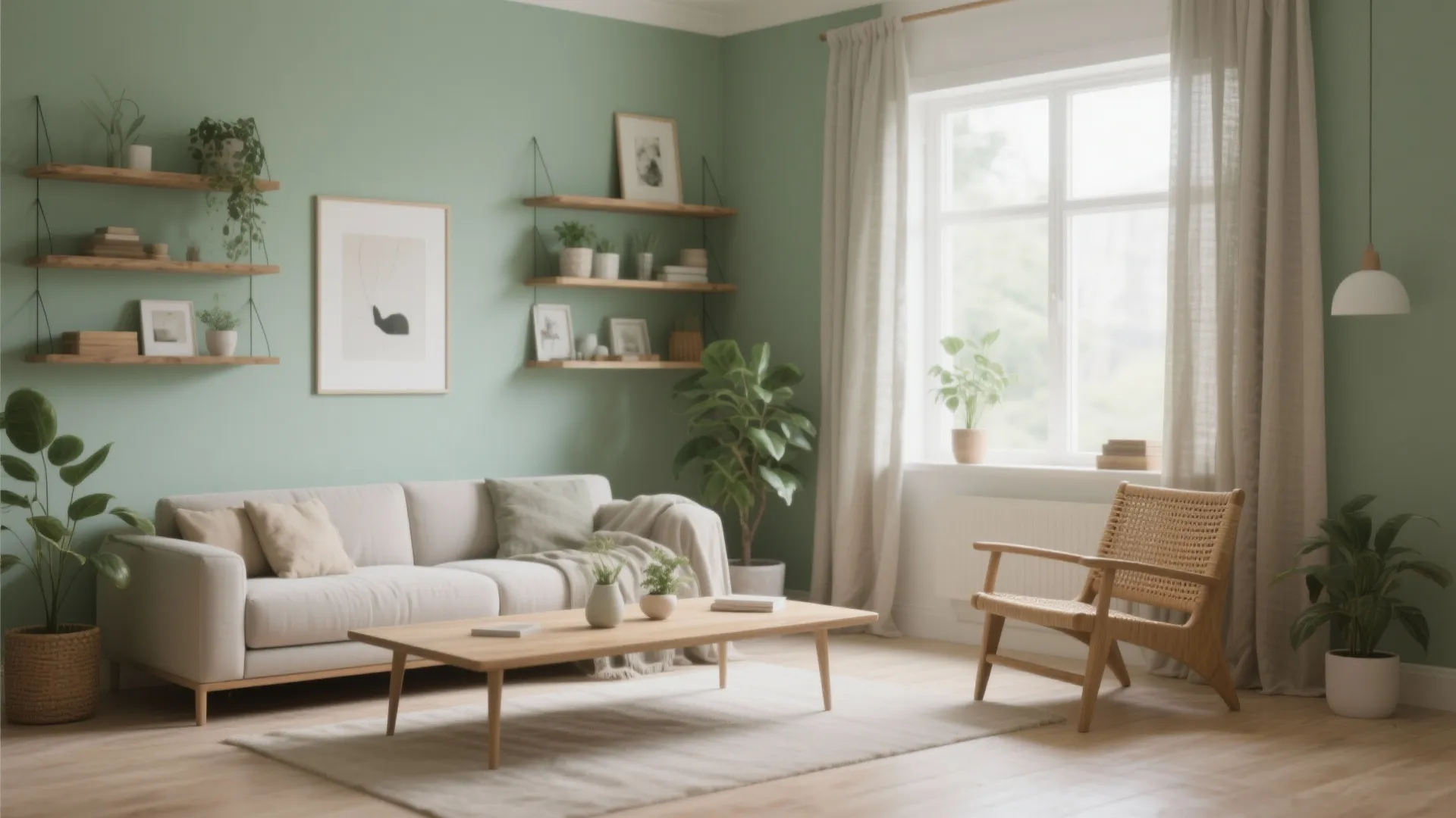 Scandi living room with pale green walls, oak furniture and rattan accents