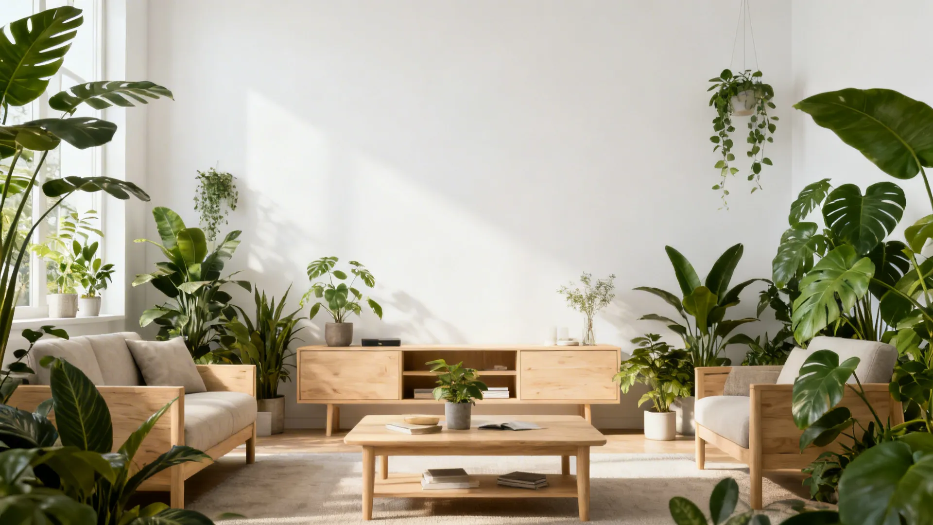 Scandinavian living room with a grey leather sofa, pale wood and many plants.