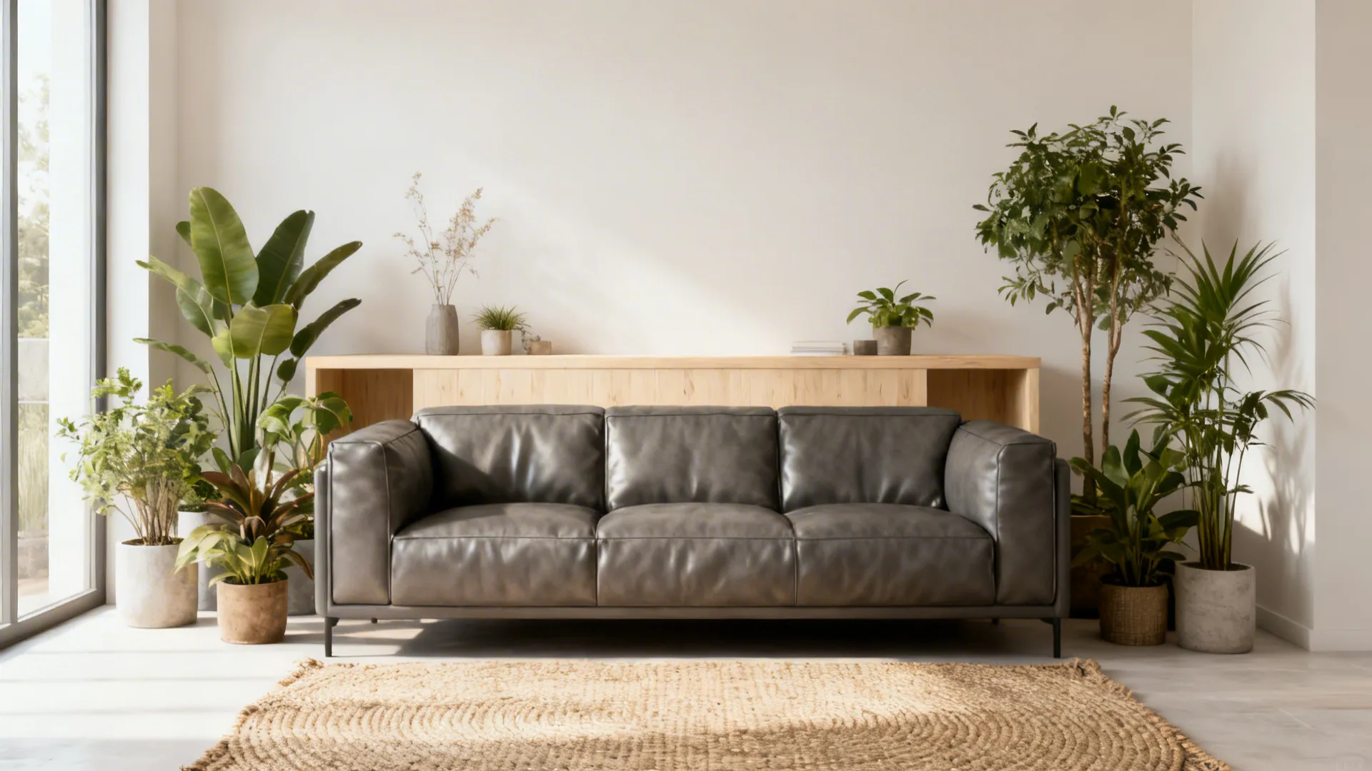 Grey leather sofa centered between many green potted plants and a light wood storage cabinet