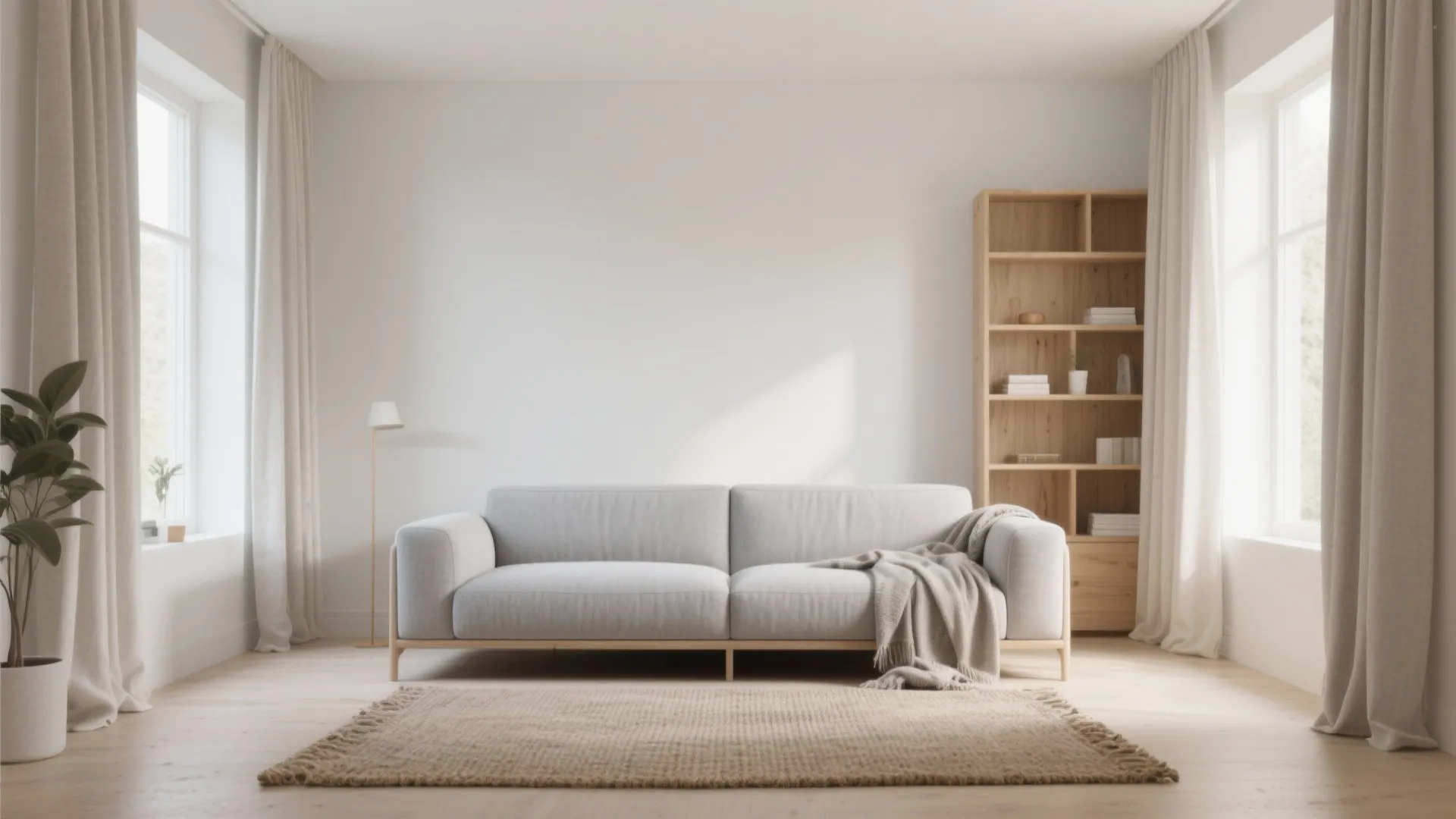 Minimalist Scandinavian living room with grey sofa and pale oak shelves