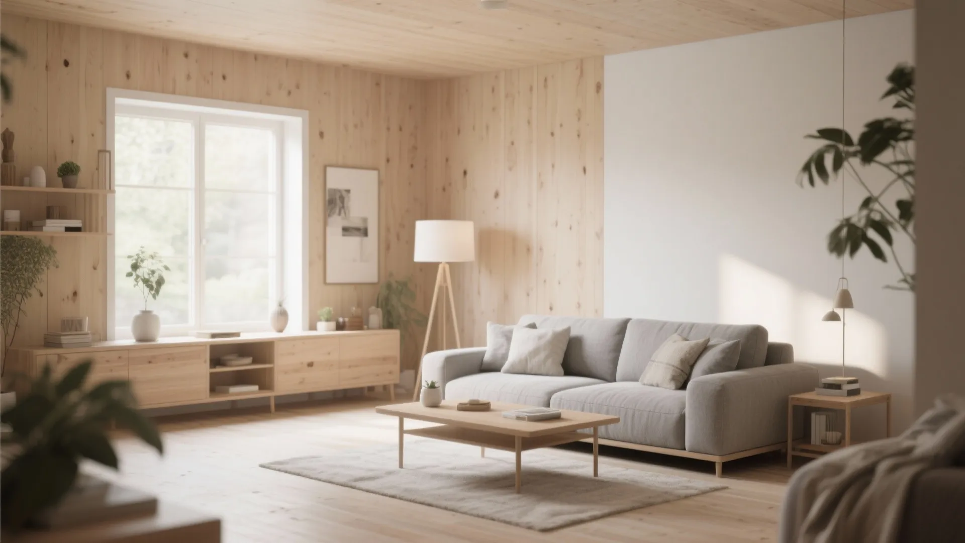 Grey sofa with pale wood accents in Scandinavian decor