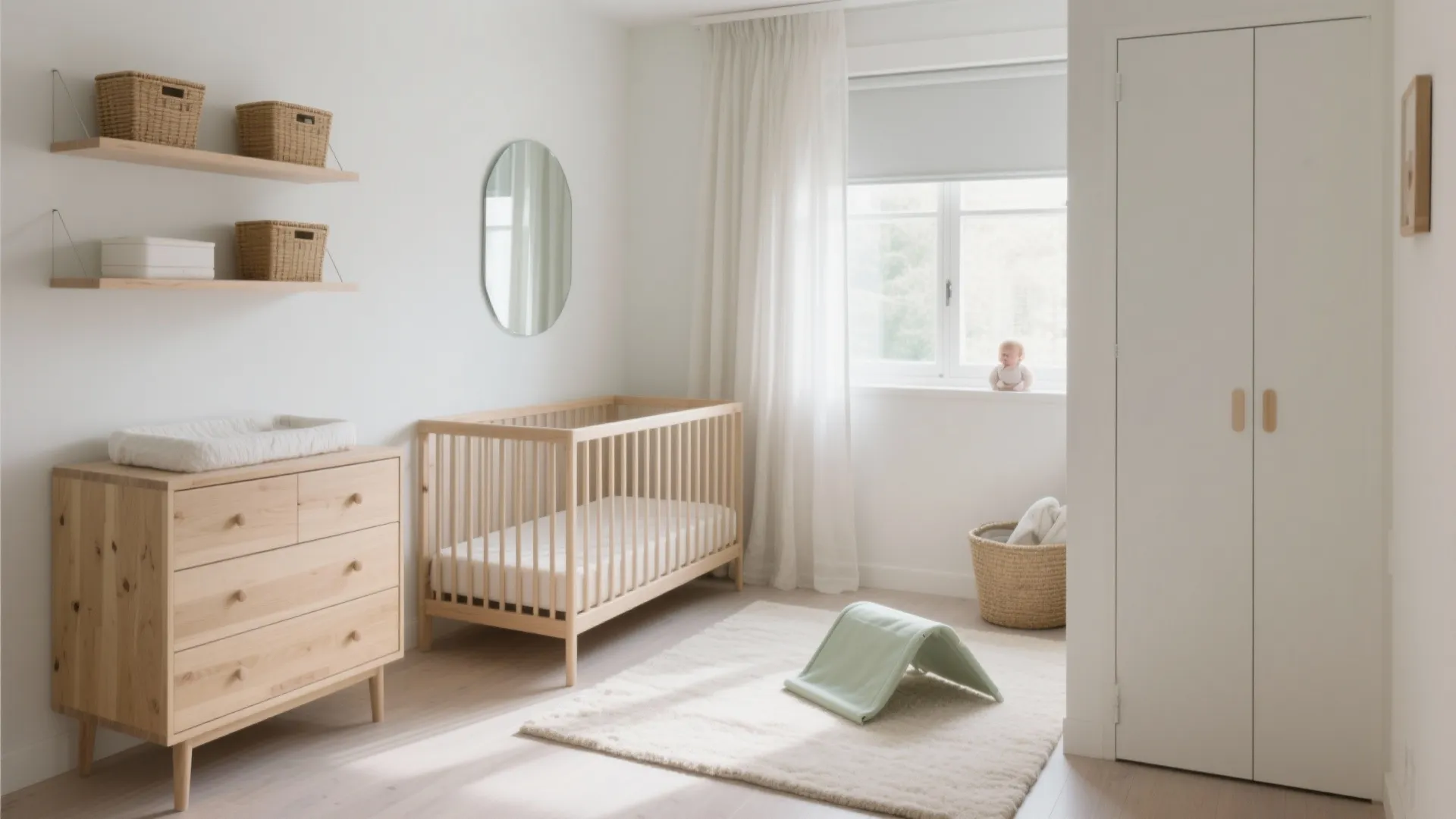 Bright modern nursery featuring a wooden crib dresser white curtain rug and clean white walls