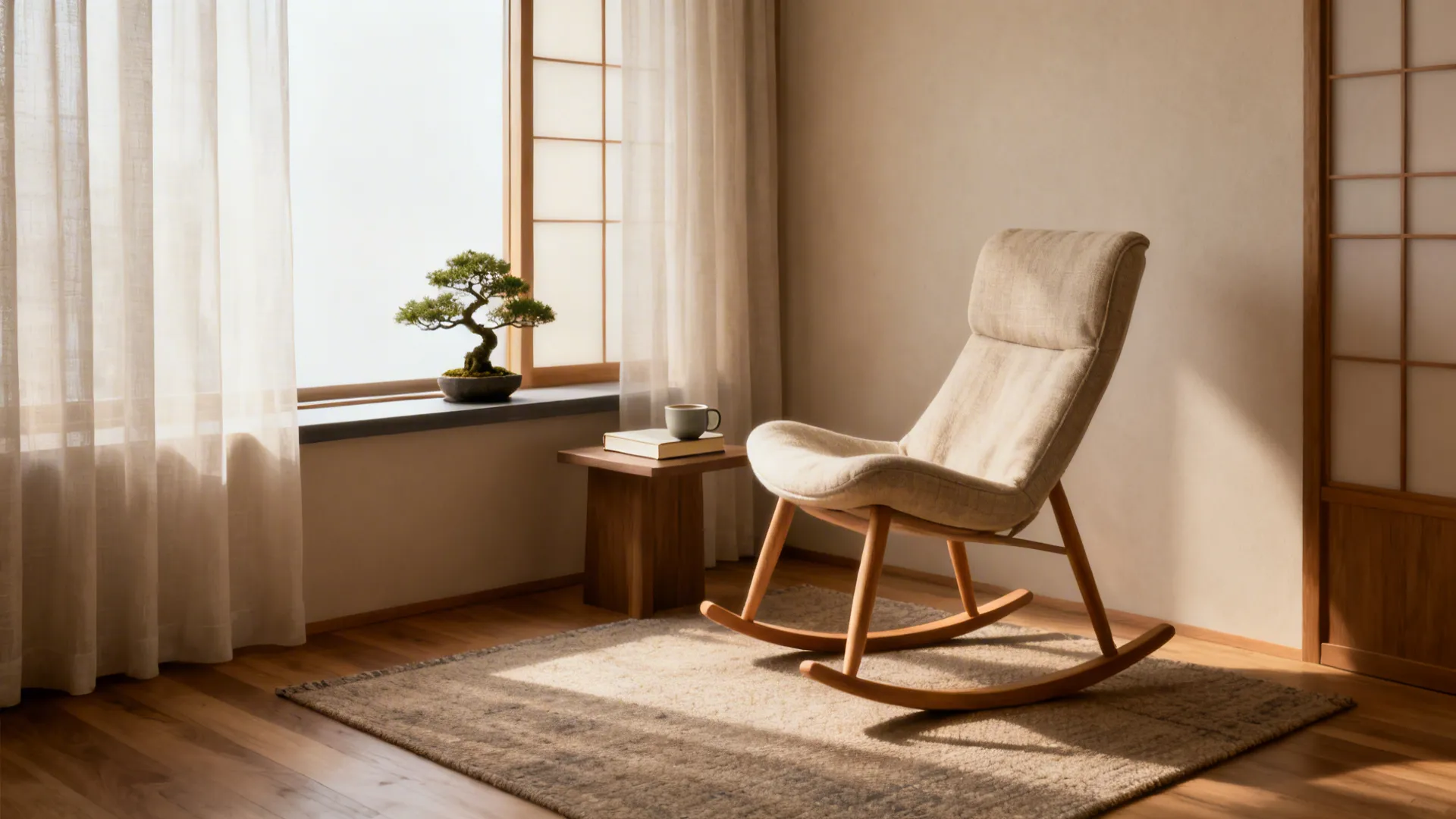 Modern beige rocking chair in sunny room with bonsai tree on window sill and wood floor
