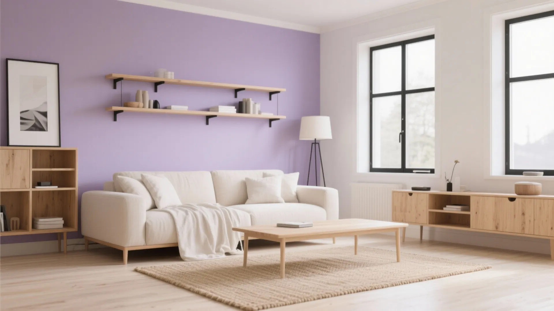 Lavender + Soft Neutrals + Light Wood (Scandi Calm)