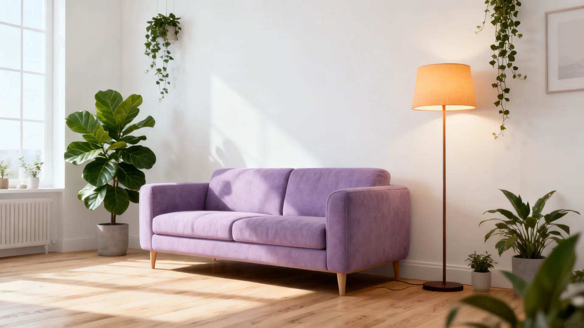 Soft lavender sofa in a Scandinavian room with light oak floor and green plants.
