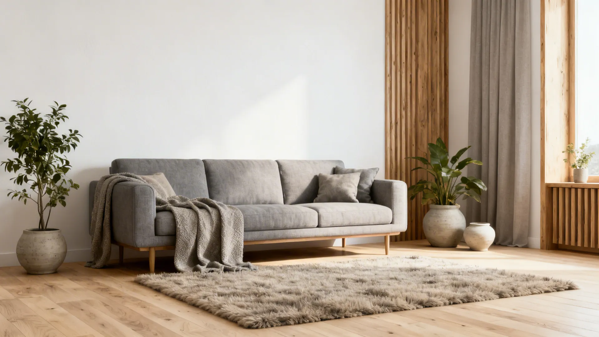 Small Scandinavian living room with pale maple floors, wool rug and timber accents.