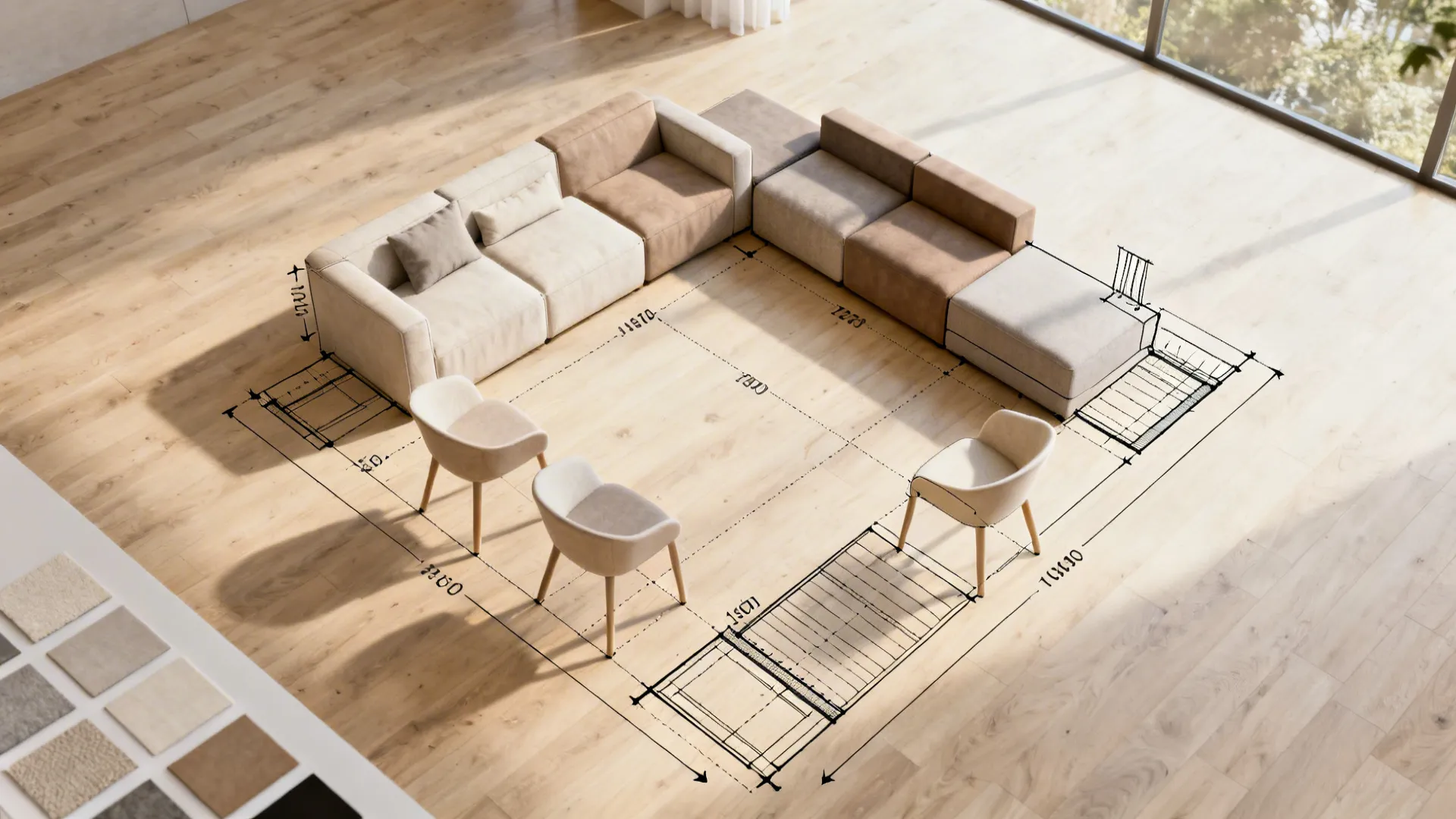 Top-down room planner view showing modular seating and circulation for a small living room.