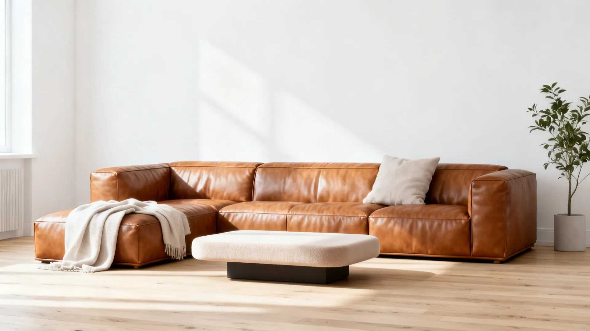 Scandinavian living room with cognac leather sectional, white walls and pale oak floors under soft daylight