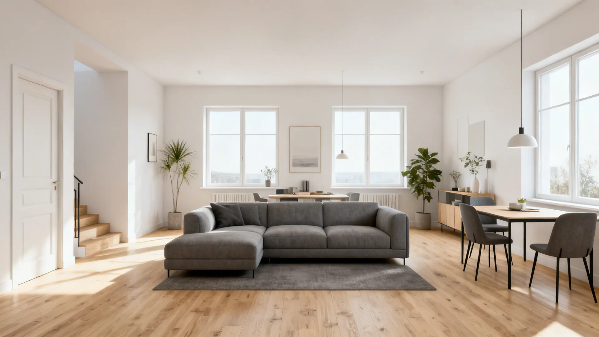 Bright Scandinavian small living room with a low gray sectional and light oak floors.