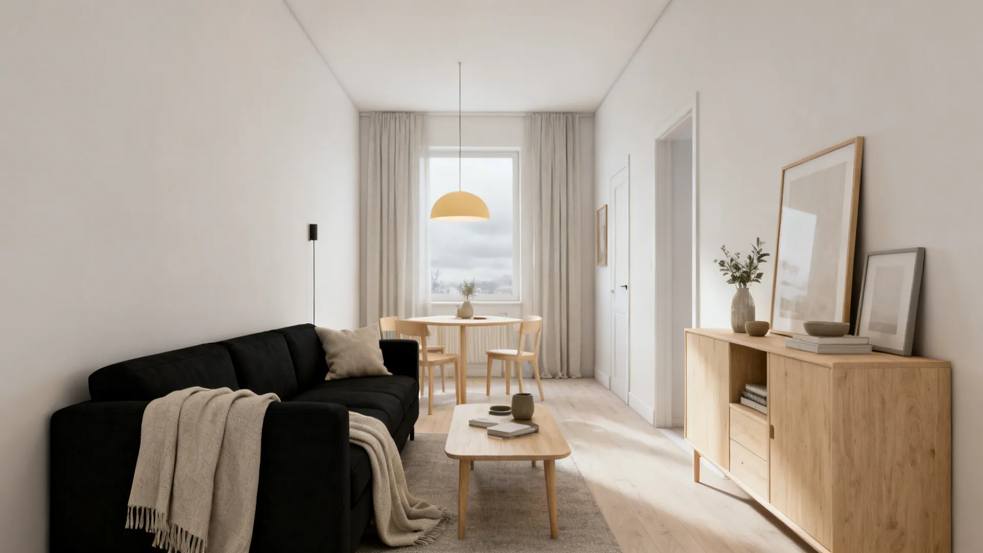 Scandinavian small living room with a black sofa and pale natural wood furniture for balanced lightness.