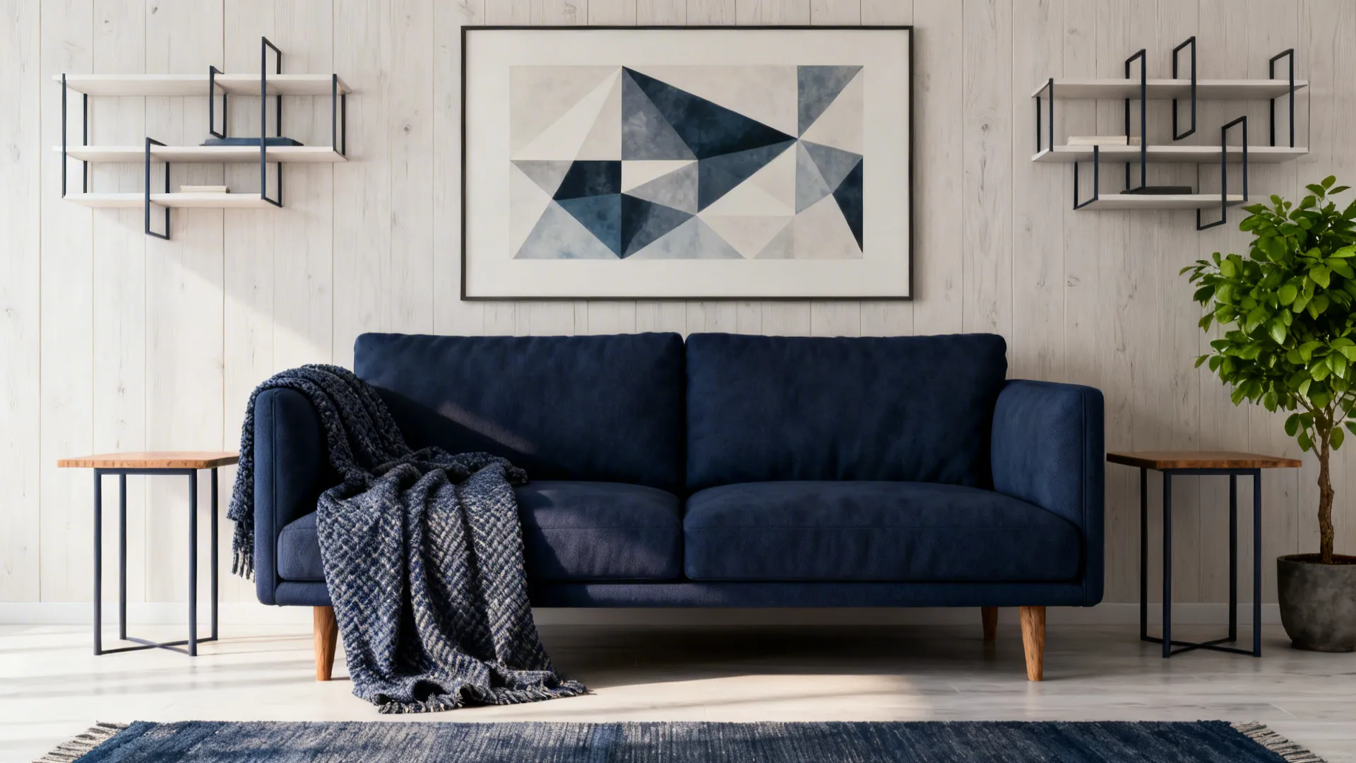 Scandinavian living room with a navy couch, pale wood furniture and minimalist decor.