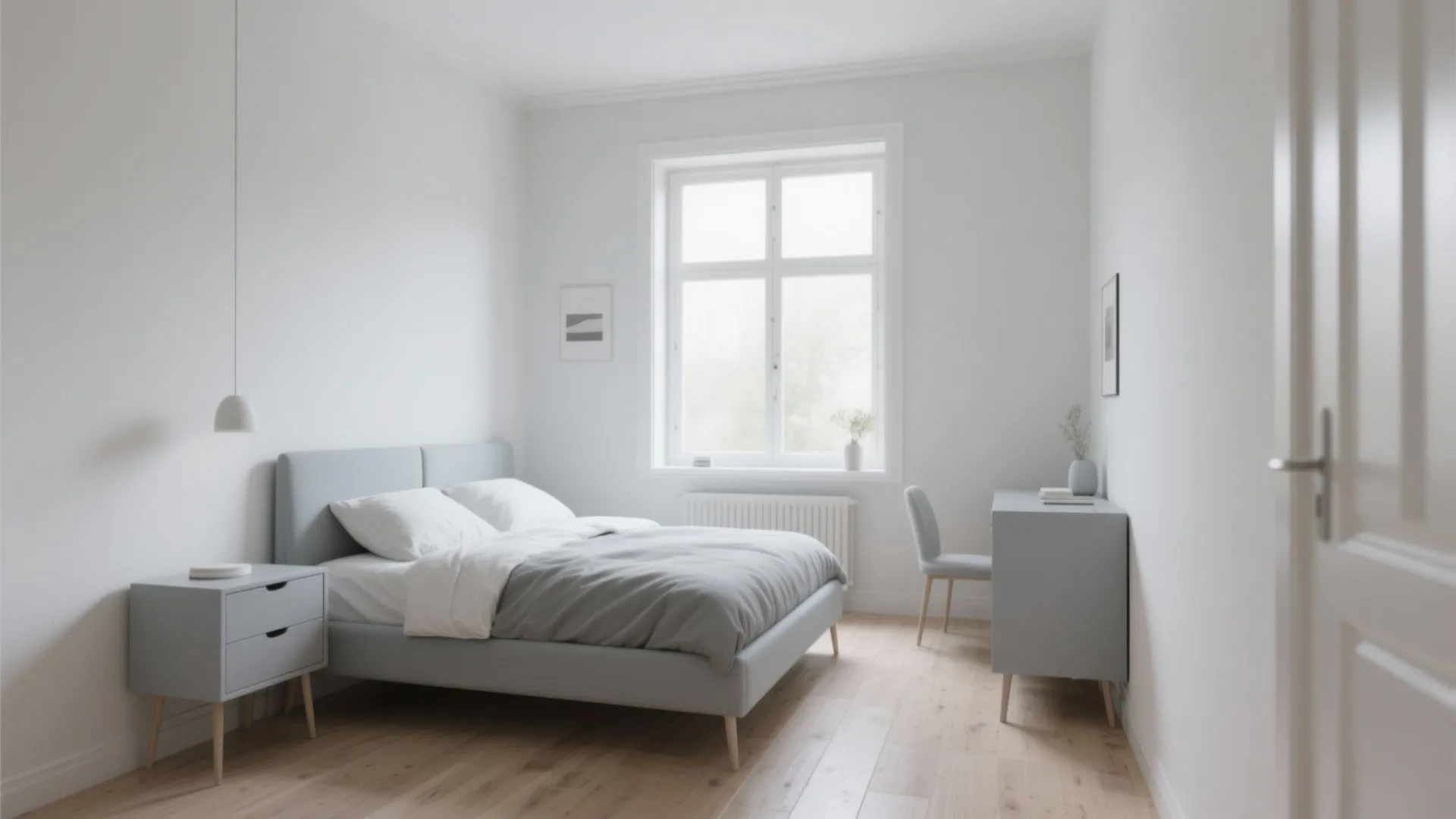 Light gray Scandinavian bedroom with slim-legged furniture and light wood accents.