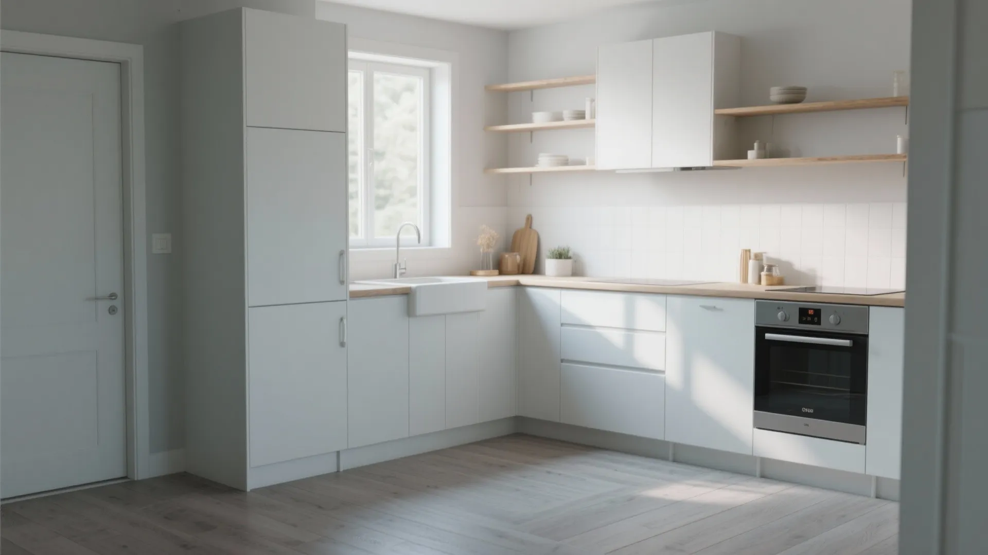 Minimalist white kitchen with wooden countertops open shelves a window sink and built in oven
