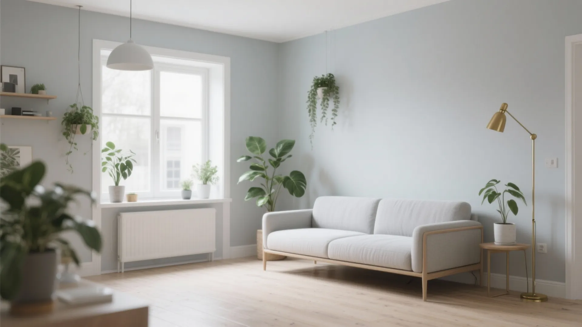 Modern light grey living room with white sofa wooden floor green plants and gold floor lamp