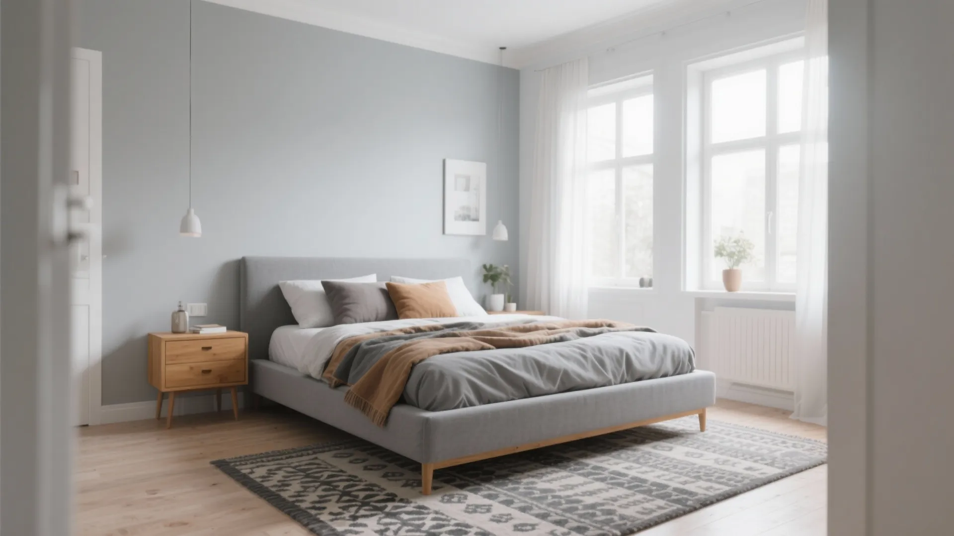 Scandinavian small queen bedroom with light grey walls, honey wood accents, patterned rug and layered cushions.