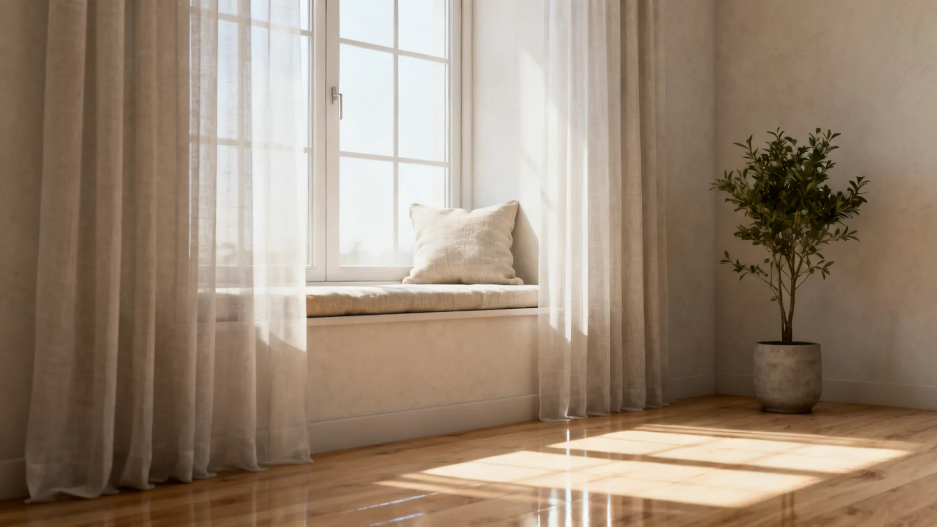 Corner of a Scandinavian living room with sheer curtains, pale walls, and light wood flooring illuminated by daylight.