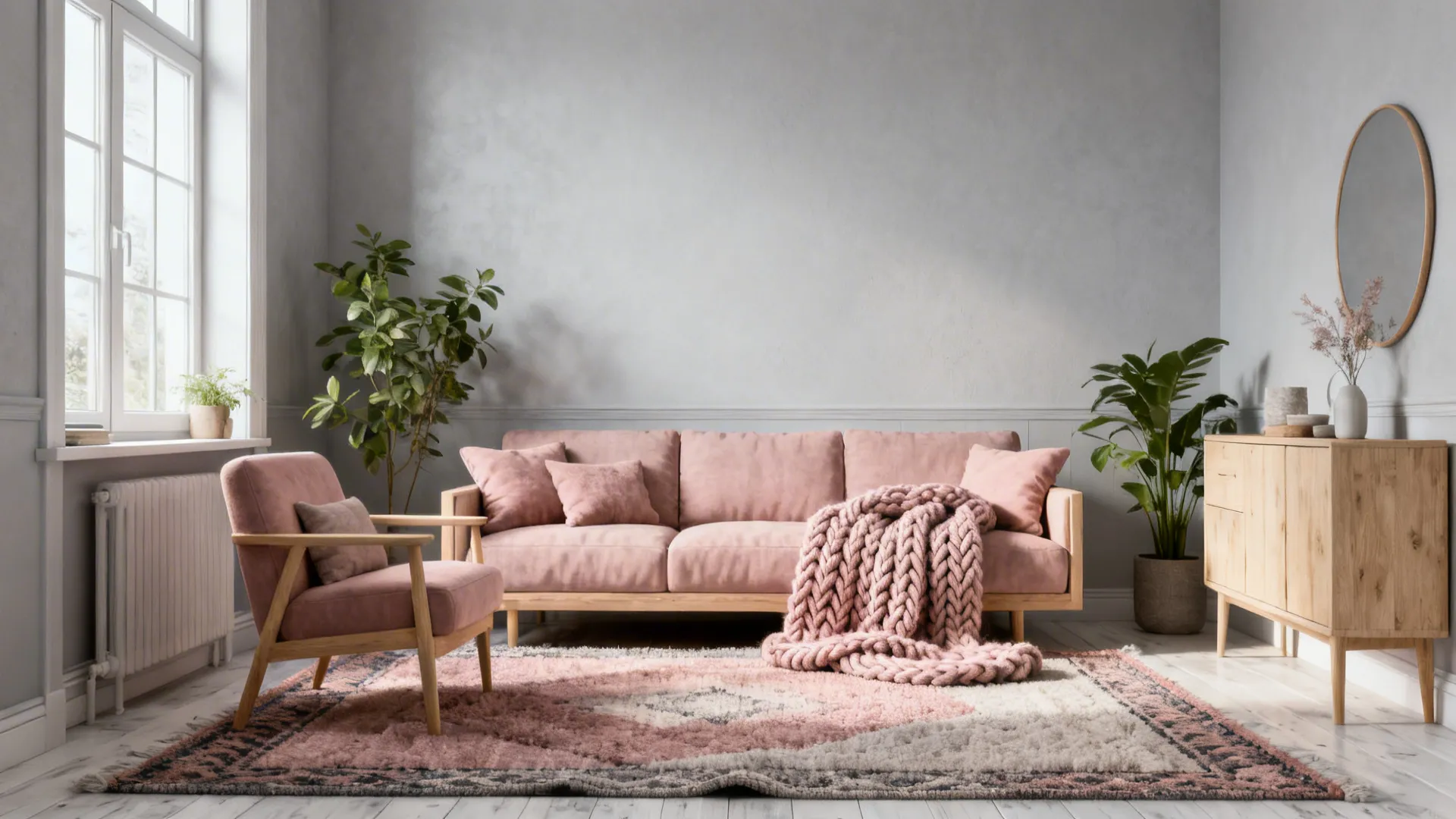Scandinavian small living room with light grey walls, pale wood furniture and muted rose textiles for hygge comfort.