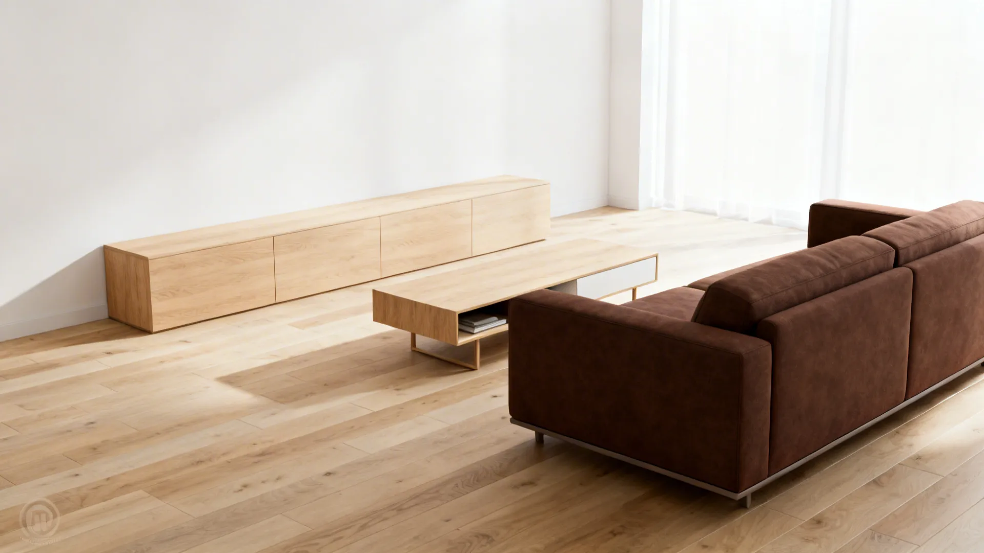 Scandinavian small living room with a chocolate brown sofa, pale wood floors and minimal decor