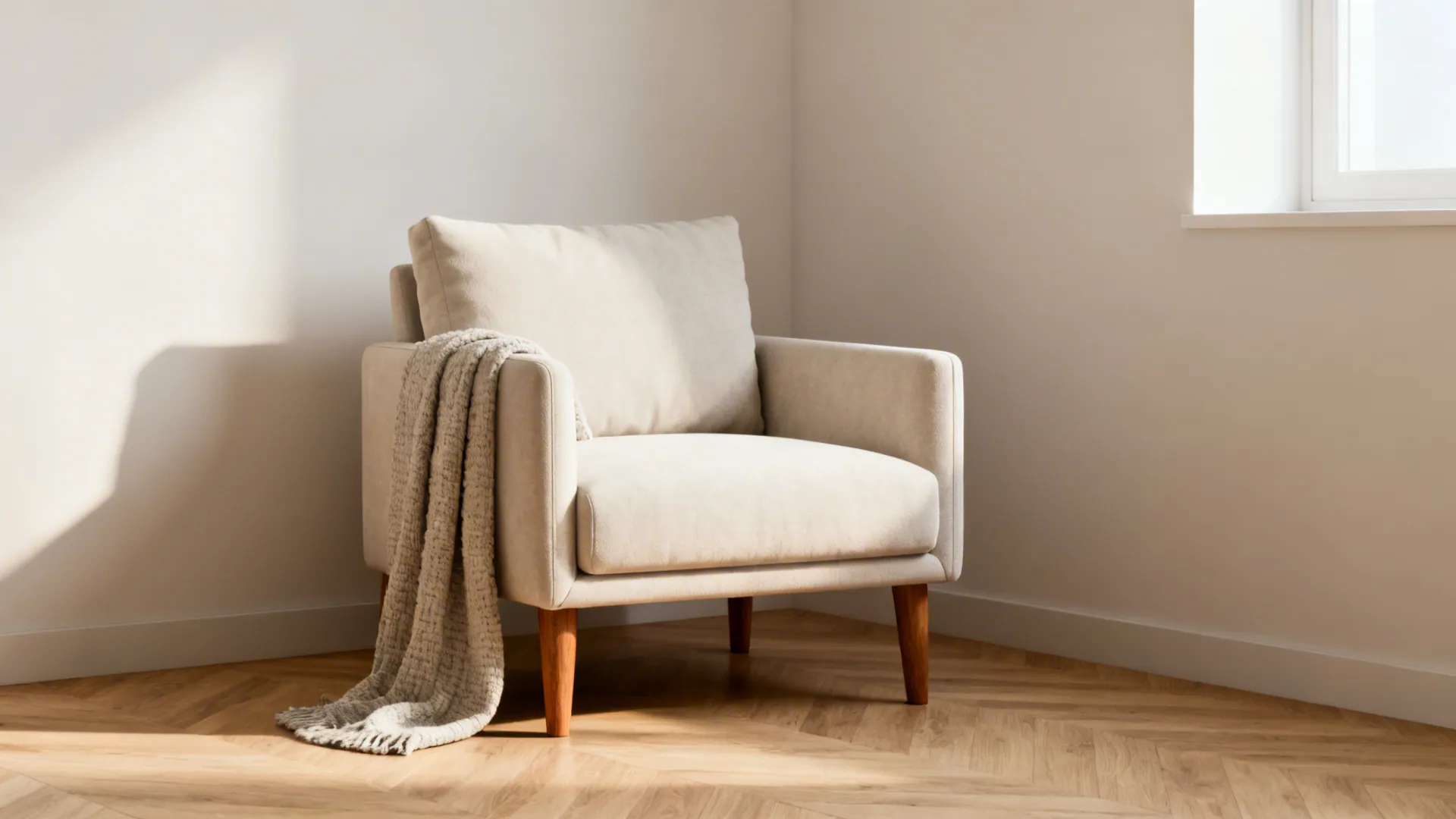 Scandinavian lounge chair with wooden legs and textured throw in a small living corner