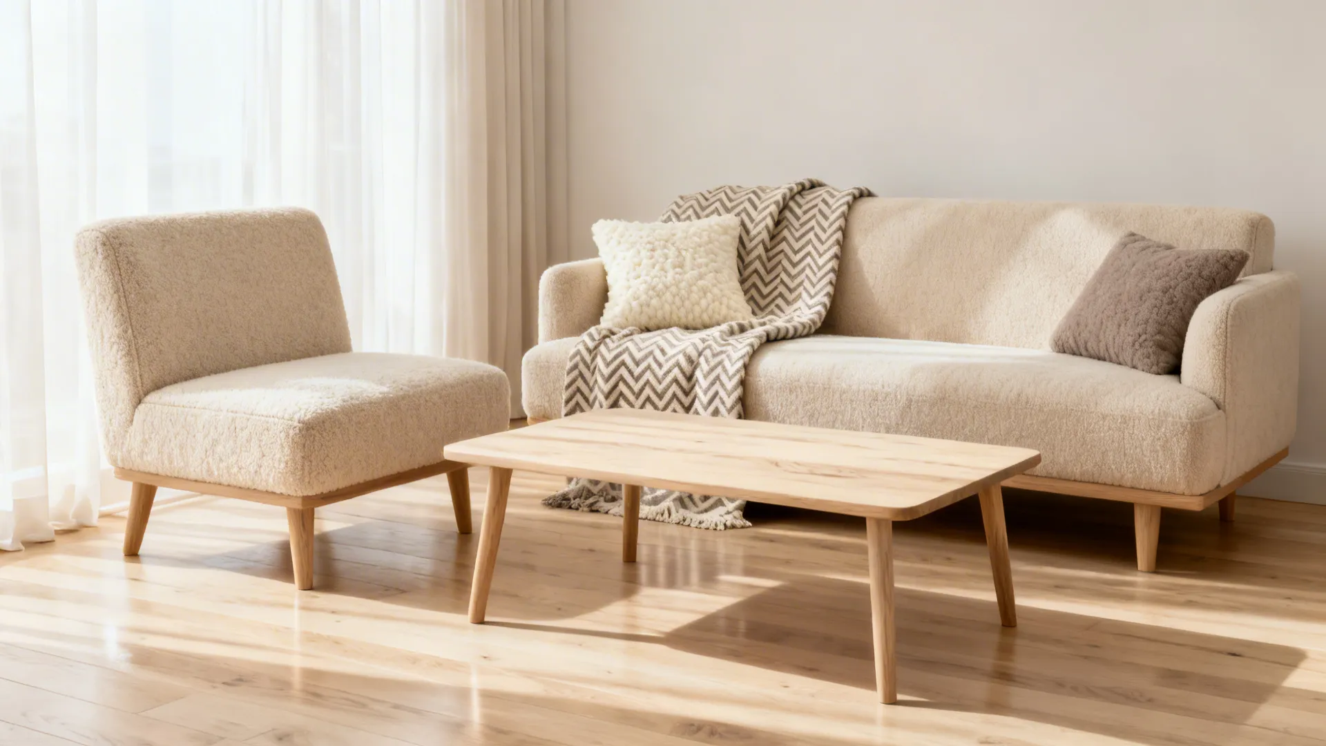 Scandinavian 2-seater and loveseat in beige bouclé with pale ash accents.